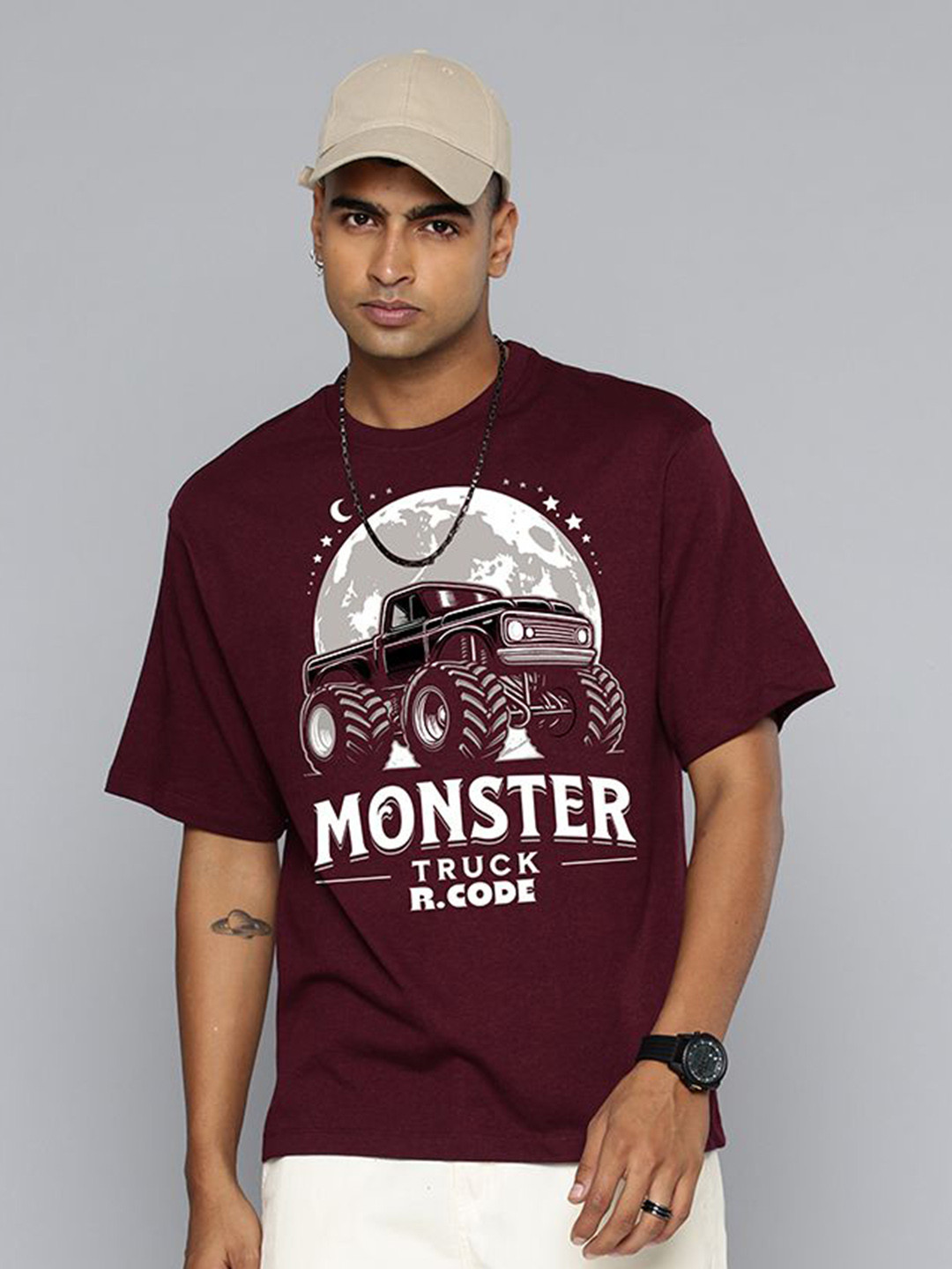 

R.Code by The Roadster Life Co. Men Printed T-shirt, Burgundy