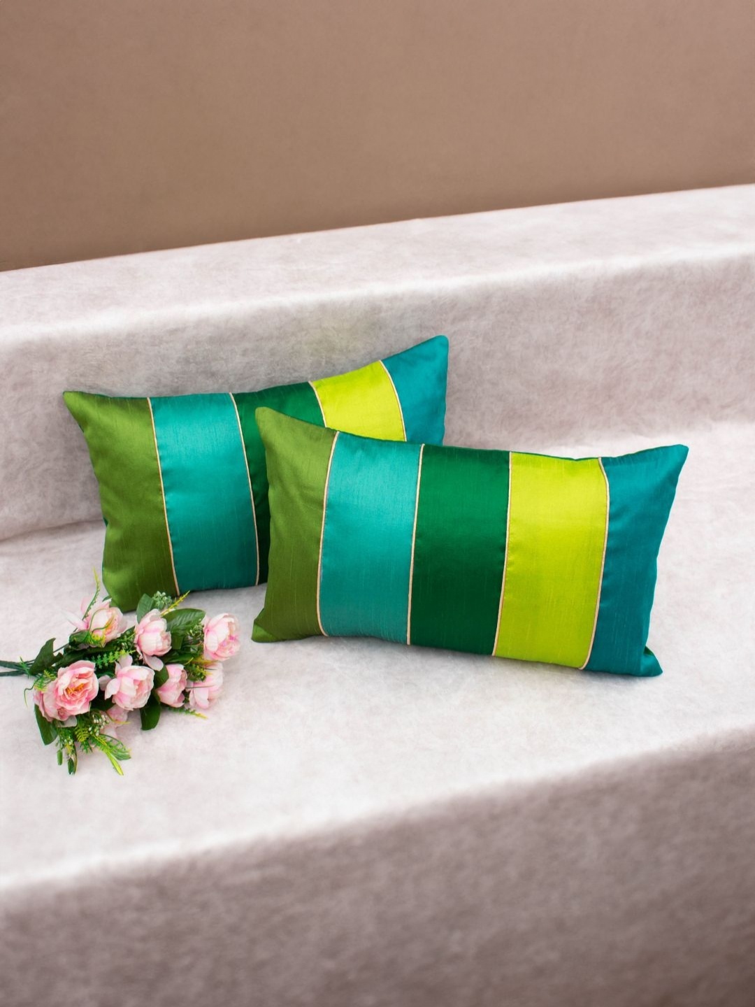 

RoyalDeco Green & Lime Green Set of 2 Striped Rectangle Cushion Covers