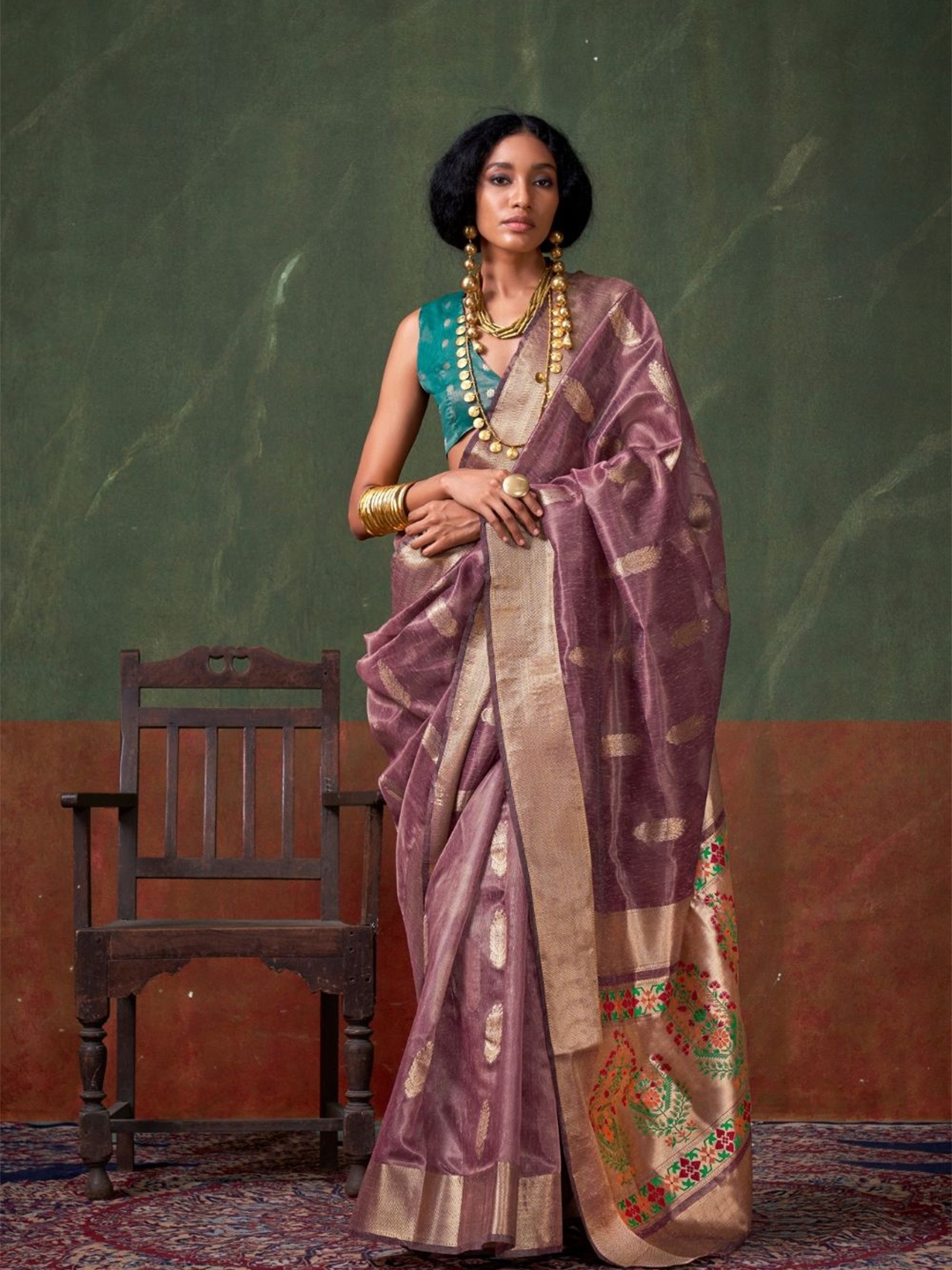 

BLENDIFY Ethnic Motifs Zari Silk Blend Designer Banarasi Saree, Brown