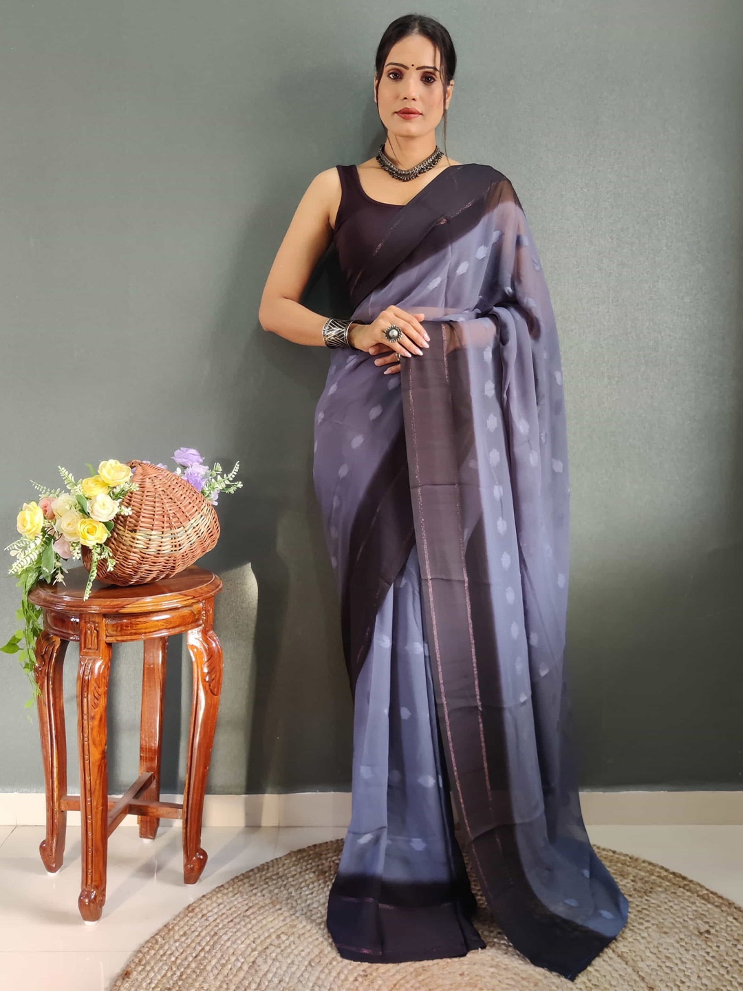 

HERE&NOW Woven Design Satin Ready to Wear Jamdani Saree, Blue