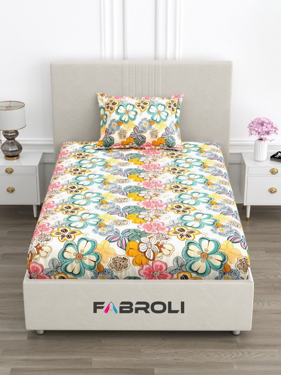 

FABROLI Multicoloured Floral 300 TC Single Bedsheet with 1 Pillow Covers, Multi