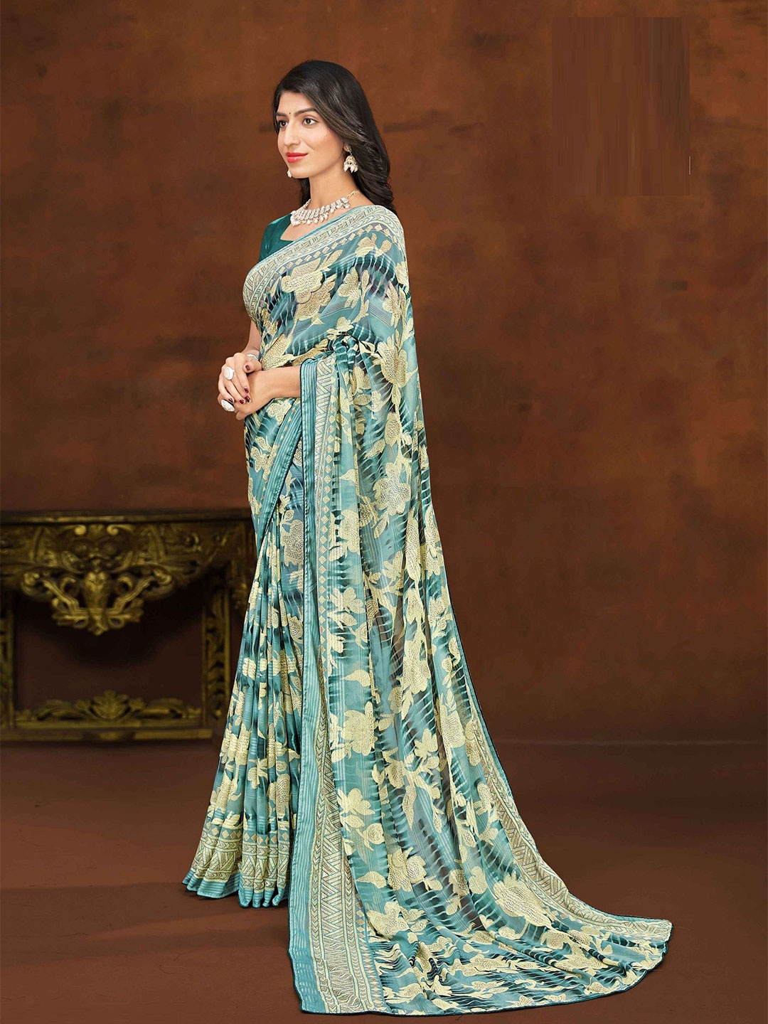 

MAHALASA Floral Pure Georgette Saree, Sea green