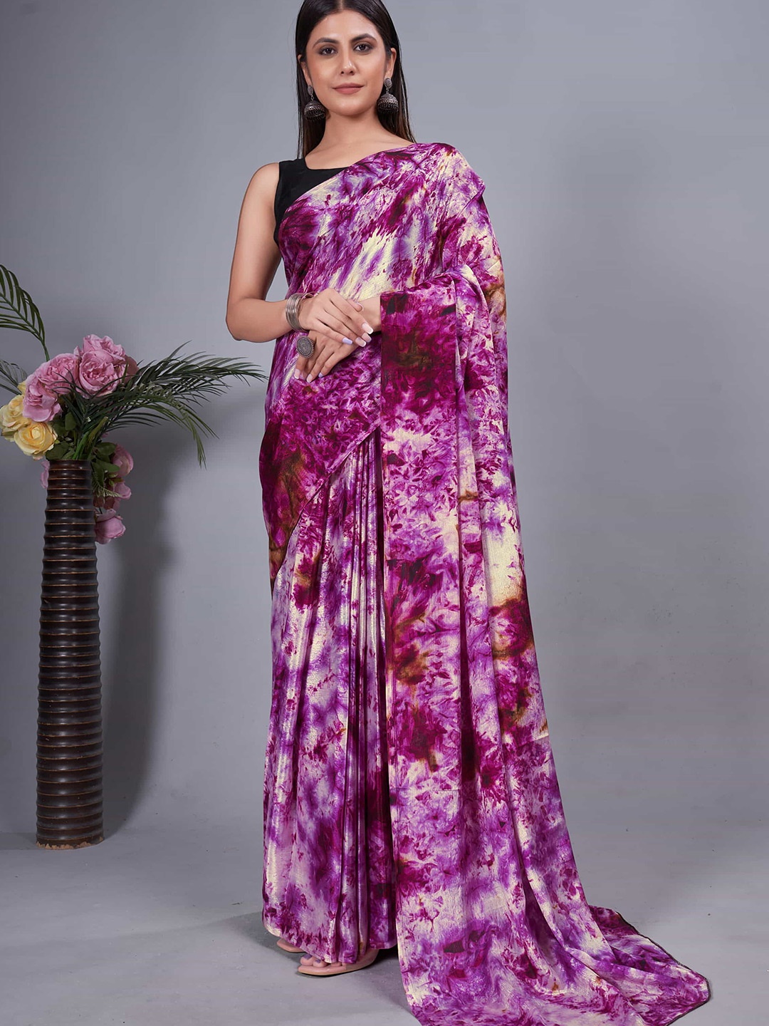 

HERE&NOW Tie and Dye Pure Chiffon Ready to Wear Jamdani Saree, Purple