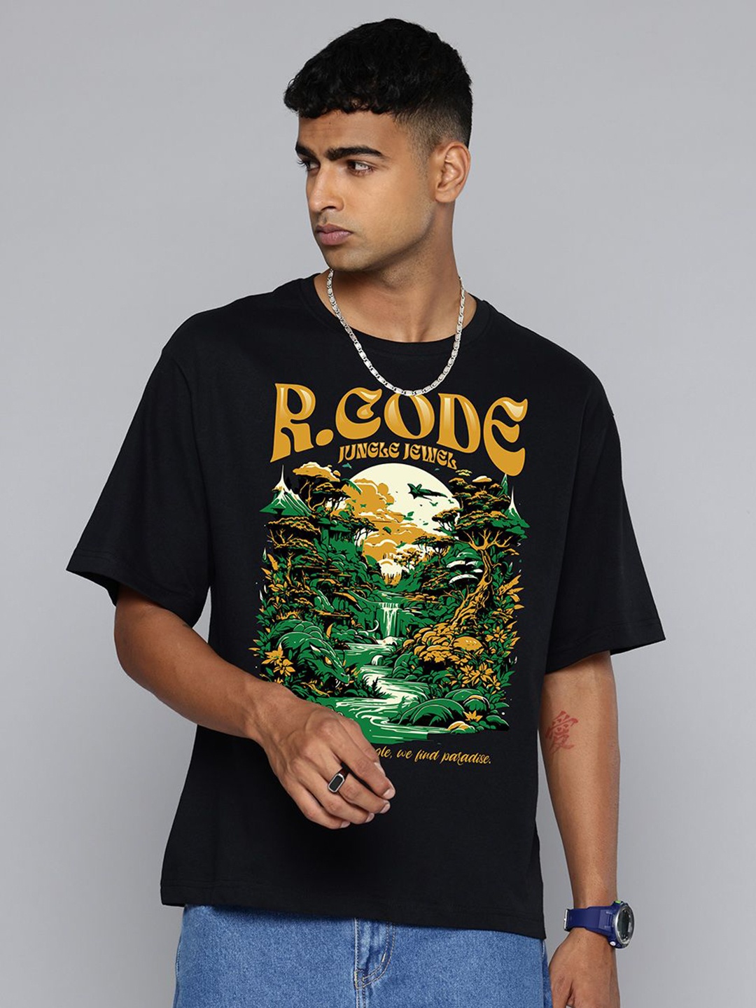 

R.Code by The Roadster Life Co. Men Printed T-shirt, Black
