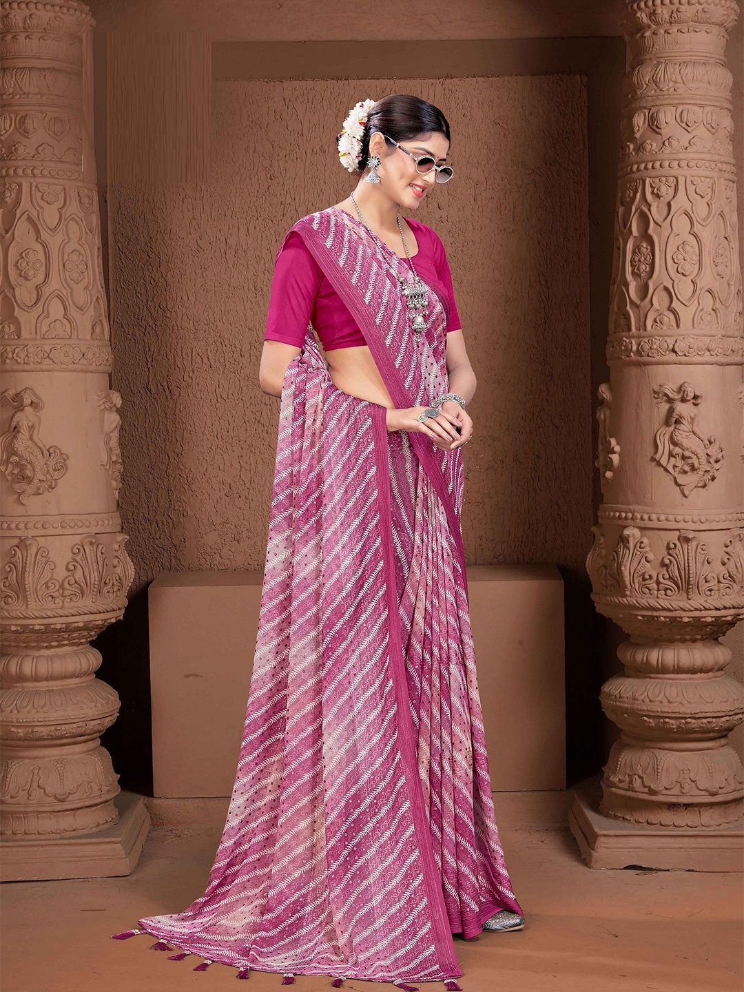 

MAHALASA Floral Pure Chiffon Saree, Magenta