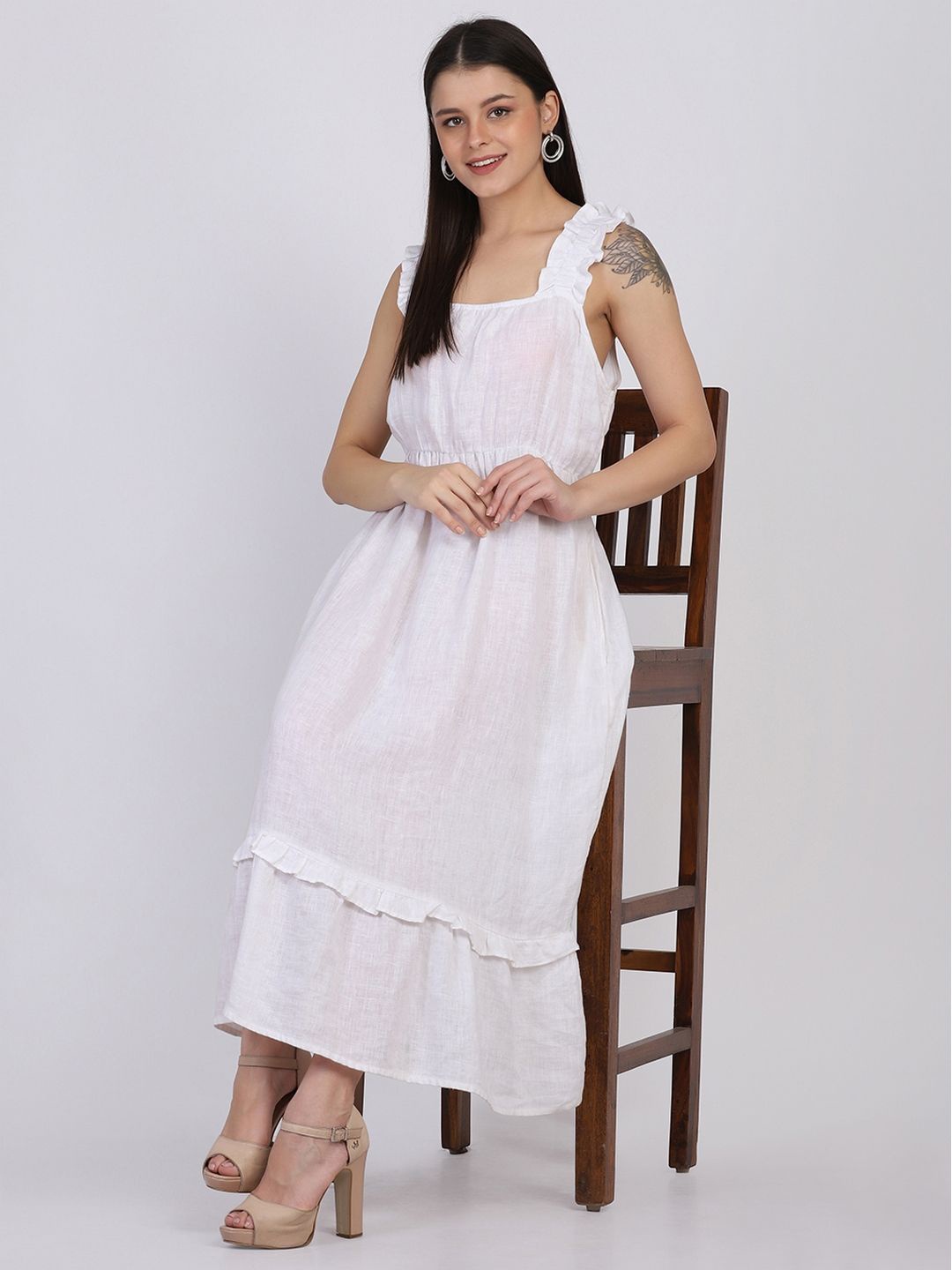

ECO LEAS BY SHIPRA Kimono Sleeve Linen Maxi Midi Dress, White