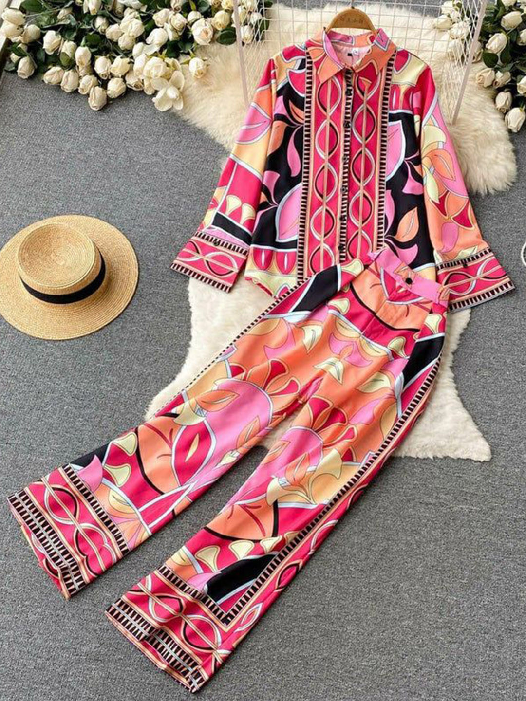 

PANKH Printed Summer Shirt & Trousers Co-Ord Set, Pink
