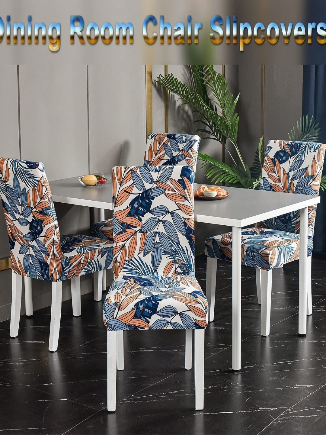 

FAVRIA Beige & Blue 6 Pieces Floral Printed Stretchable Dining Chair Covers