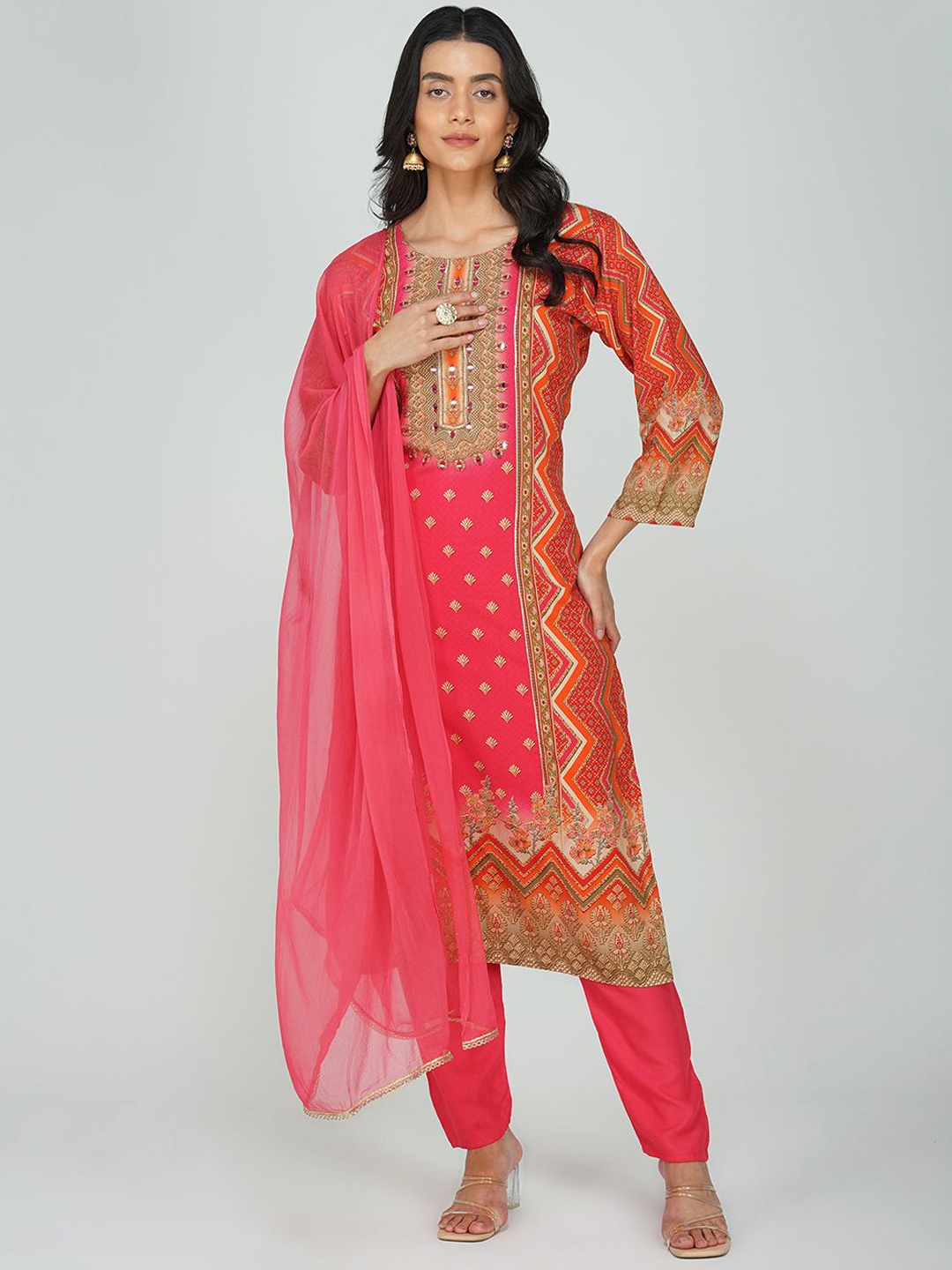 

Charitra Women Ethnic Motifs Printed Regular Mirror Work Kurta with Trousers & With Dupatta, Peach