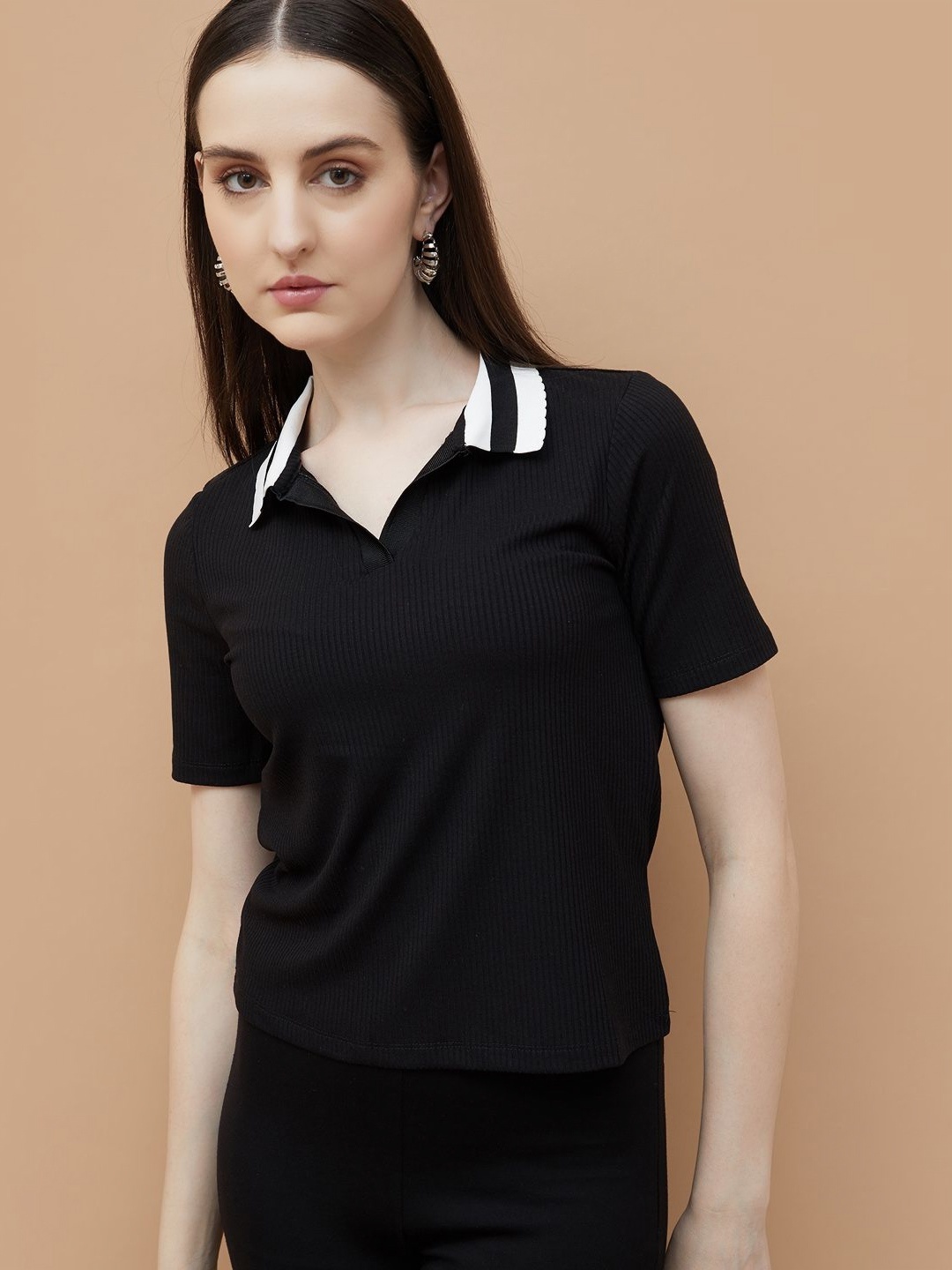 

CODE by Lifestyle Women Typography Mandarin Collar Pockets T-shirt, Black