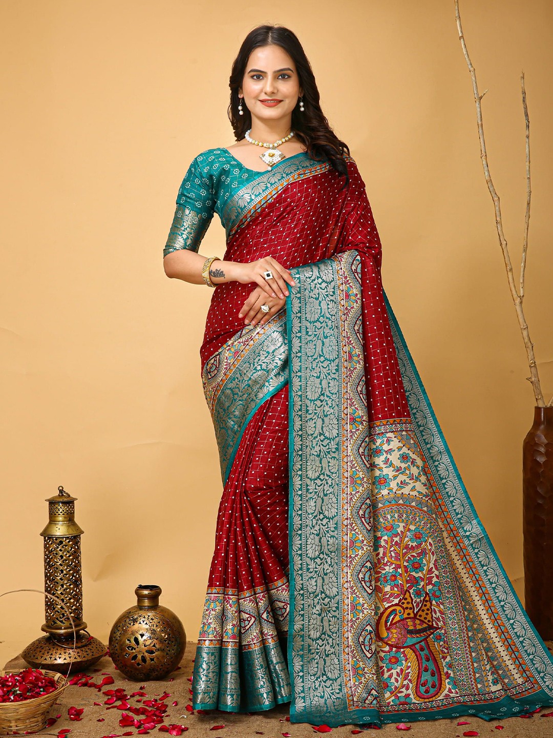 

Mitera Ethnic Motifs Zari Art Silk Banarasi Saree, Red