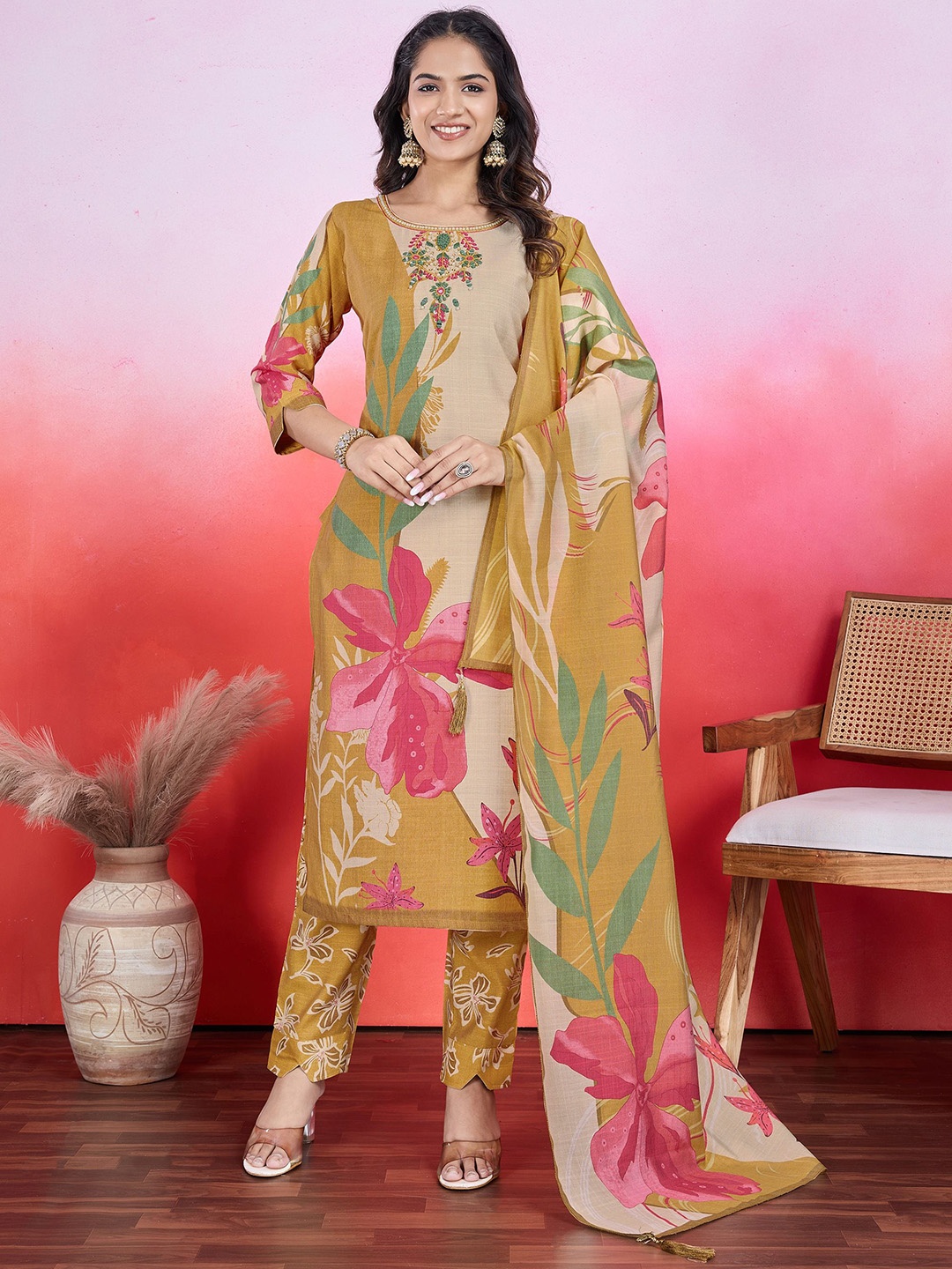

MOJILAA Women Floral Printed Regular Beads and Stones Kurta with Trousers & With Dupatta, Mustard