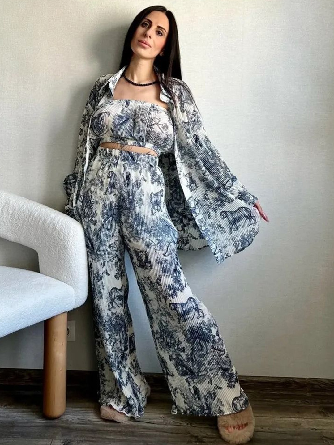 

PANKH Printed Top, Shirt With Trousers Co-Ords, Blue