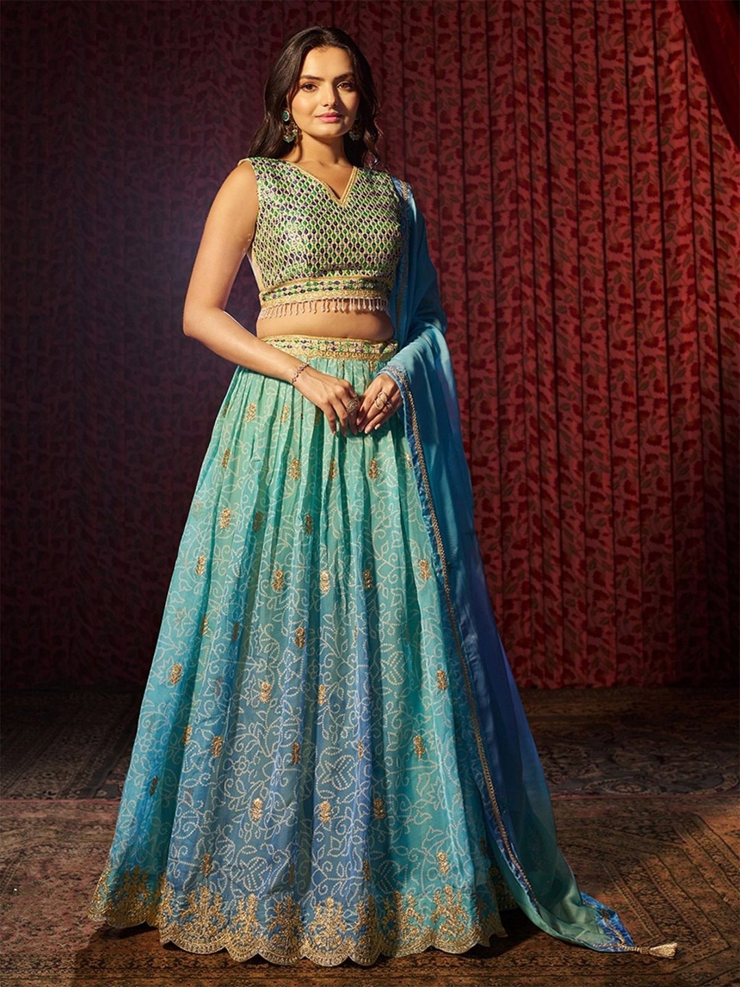 

ODETTE Embellished Semi-Stitched Lehenga & Blouse With Dupatta, Blue