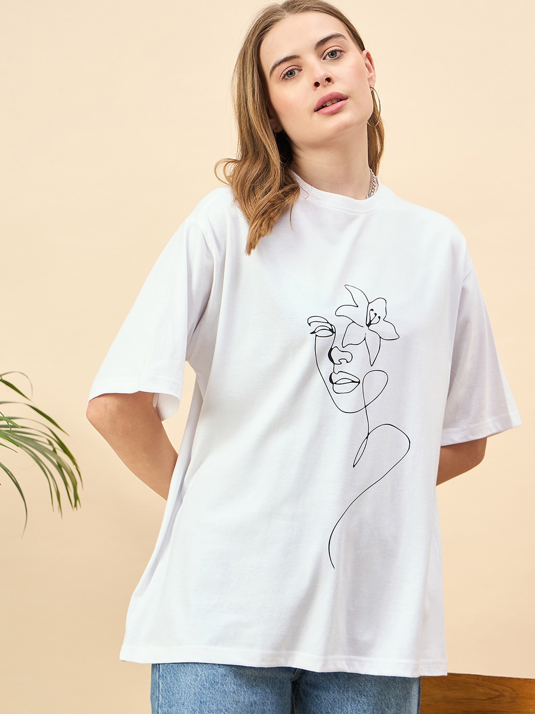 

Mast & Harbour Women Printed Drop-Shoulder Sleeves T-shirt, White