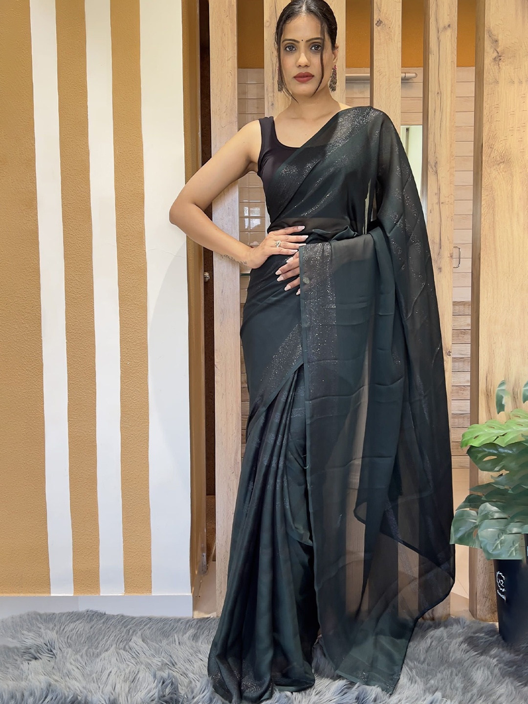 

HERE&NOW Striped Pure Chiffon Ready to Wear Saree, Black