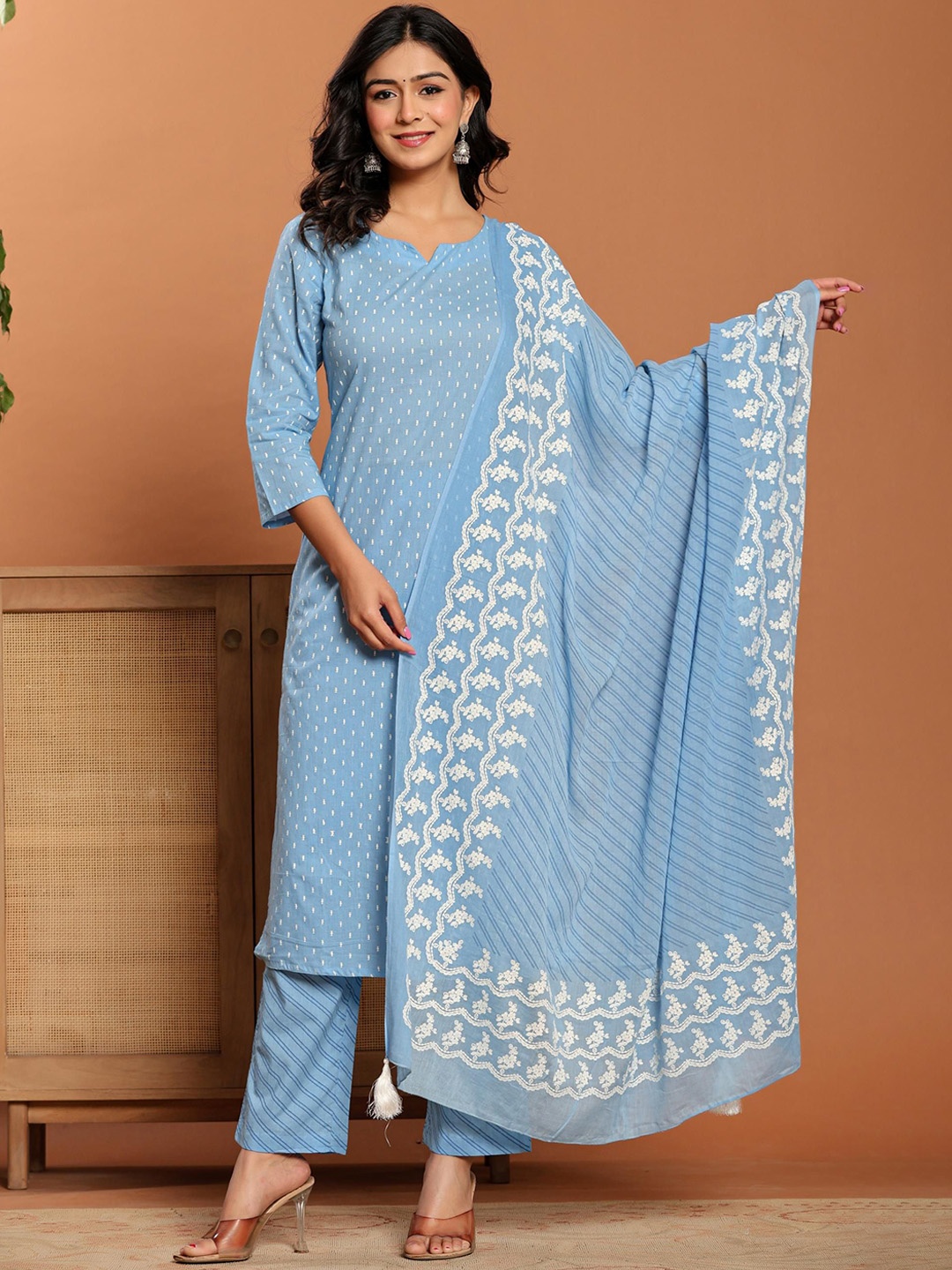 

Rouhab Women Ethnic Motifs Printed Regular Pure Cotton Kurta with Trousers & With Dupatta, Blue