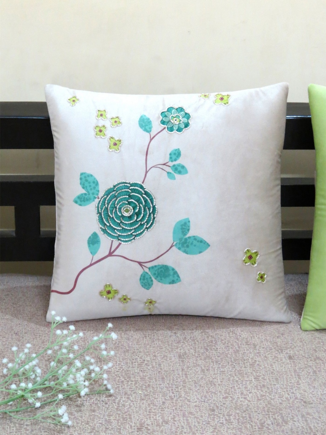 

Mid July Home Off White & Green Floral Velvet Square Cushion Covers