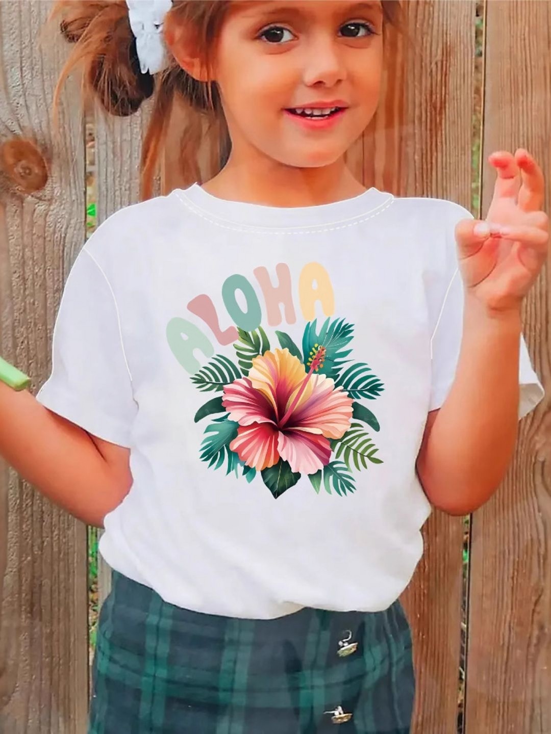

YK Girls Striped Henley Neck Applique T-shirt, White
