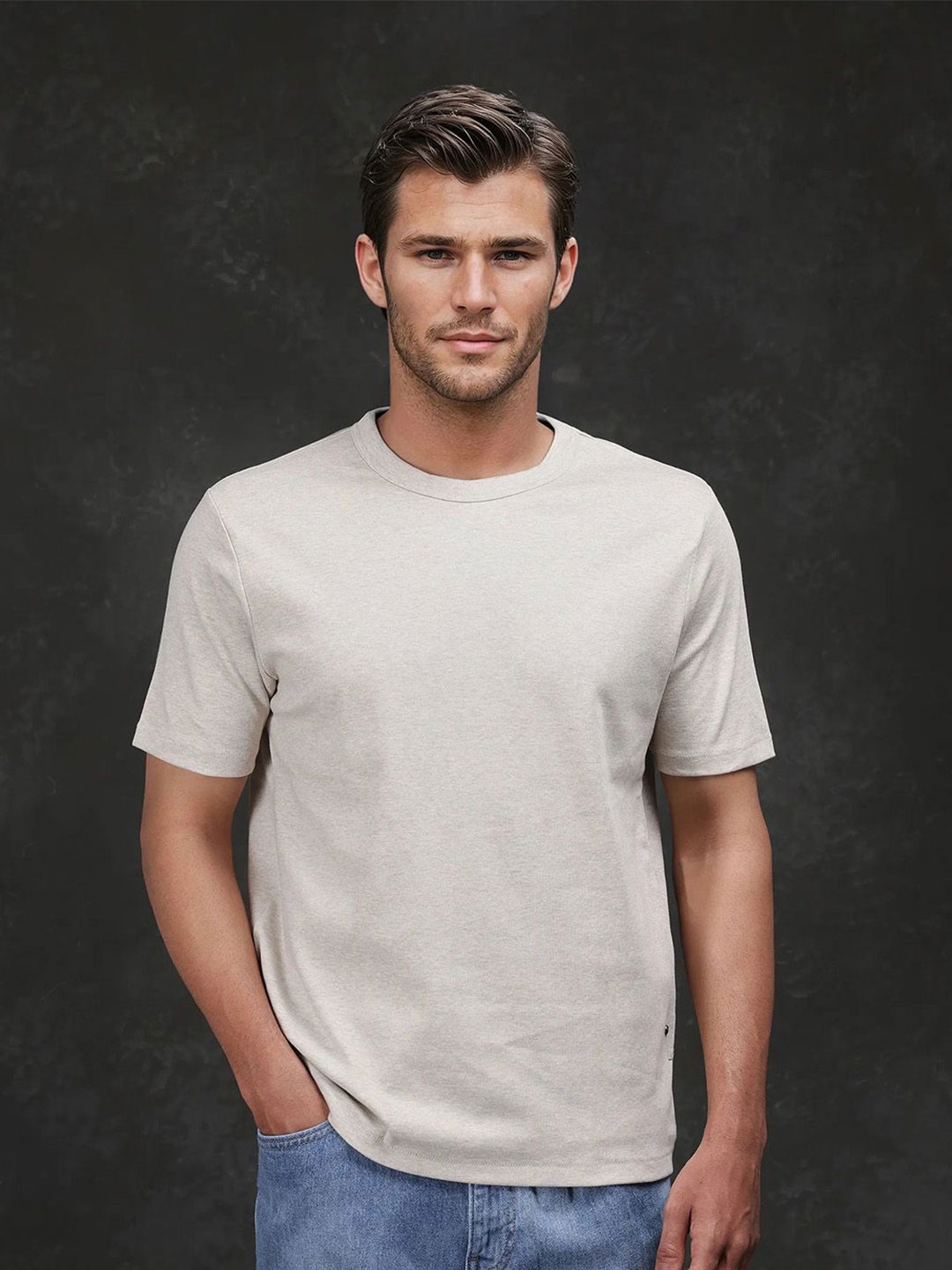 

RARE RABBIT Men Monochrome Raw Edge T-shirt, Beige