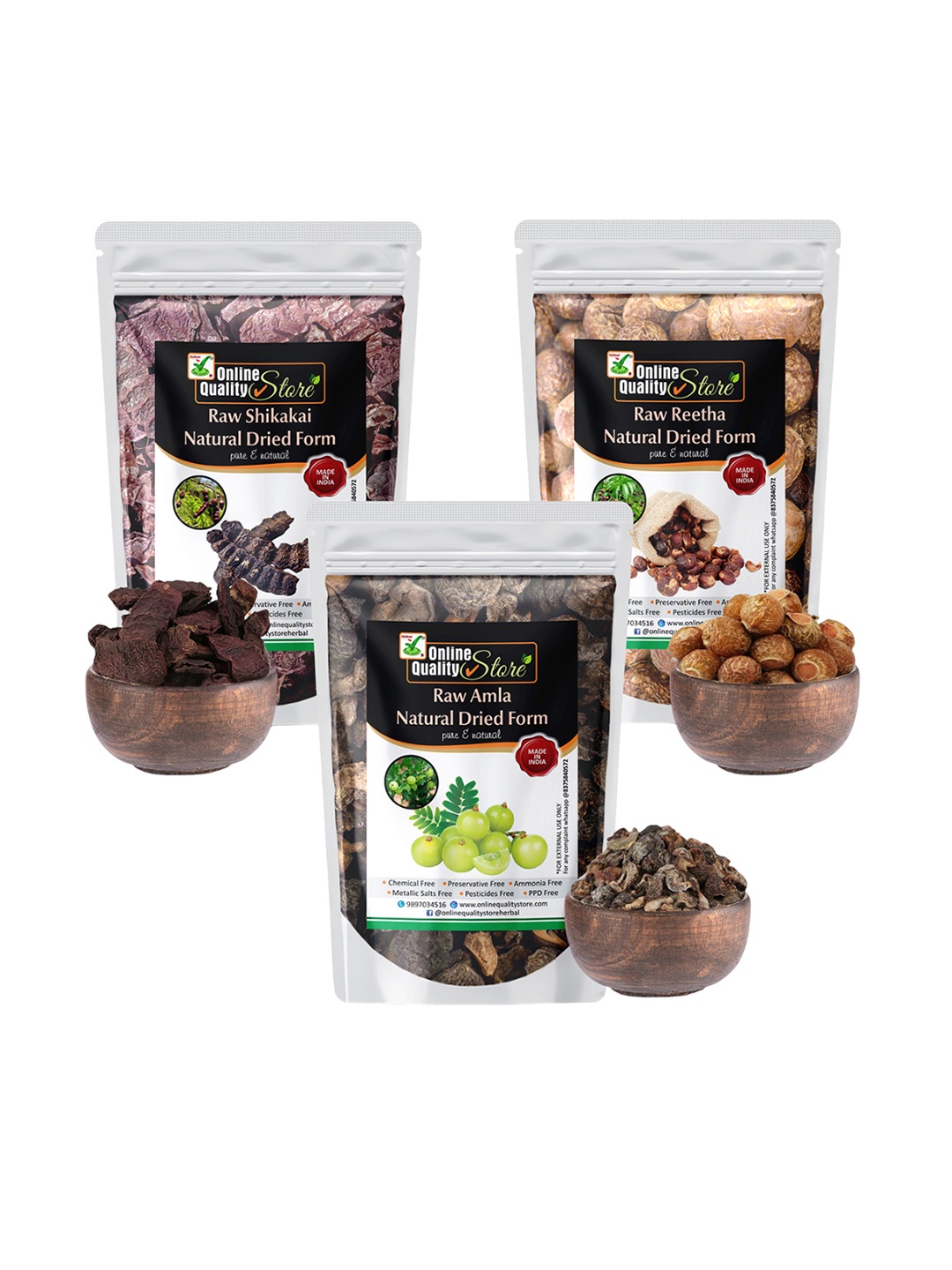 

Online Quality Store Set Of 3 Raw Reetha Amla Shikakai For Hair - 300g Each, Brown
