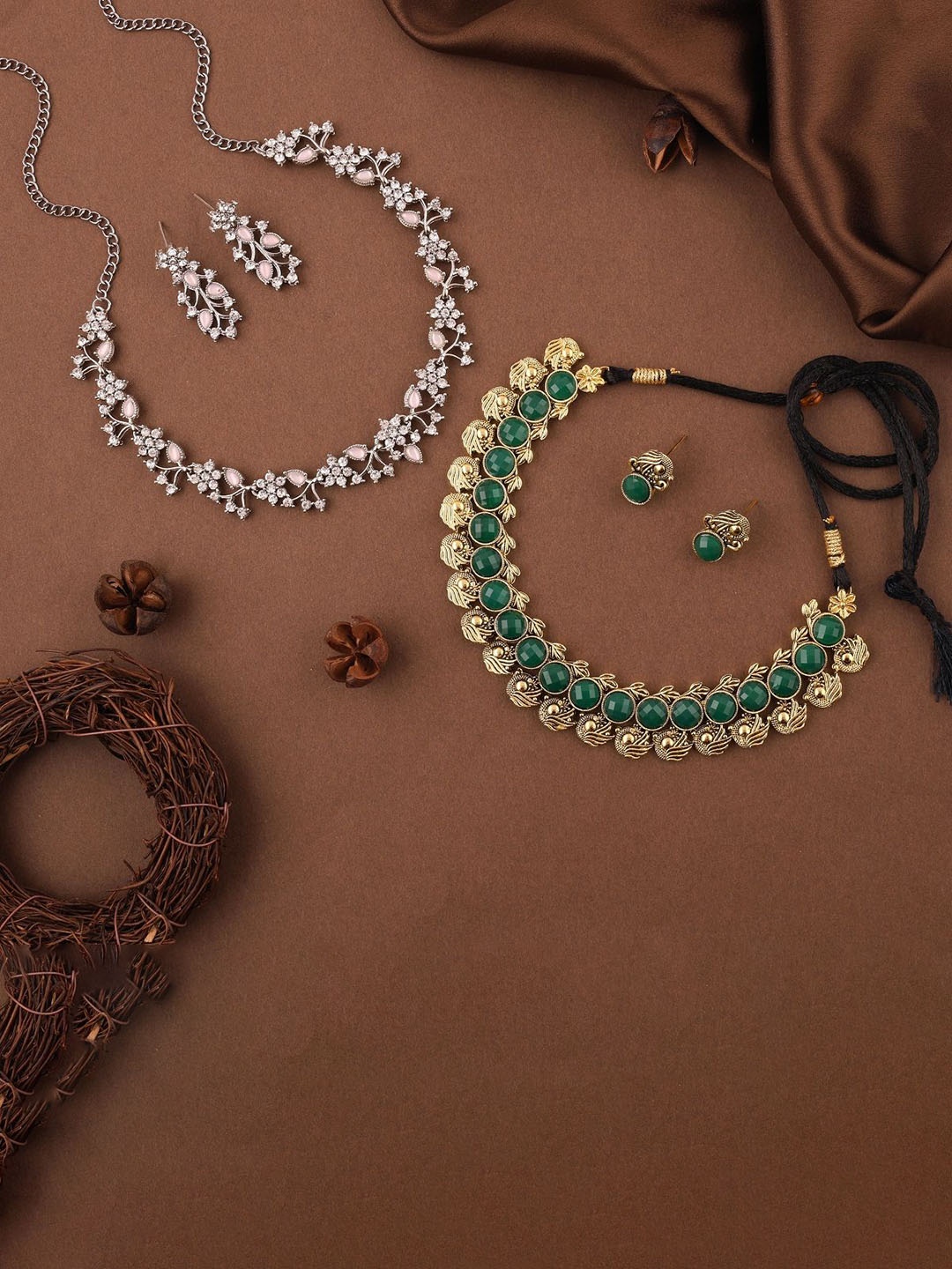 

Lyriss Set Of 2 Gold & Sliver-Plated American Diamond-Studded Jewellery Set