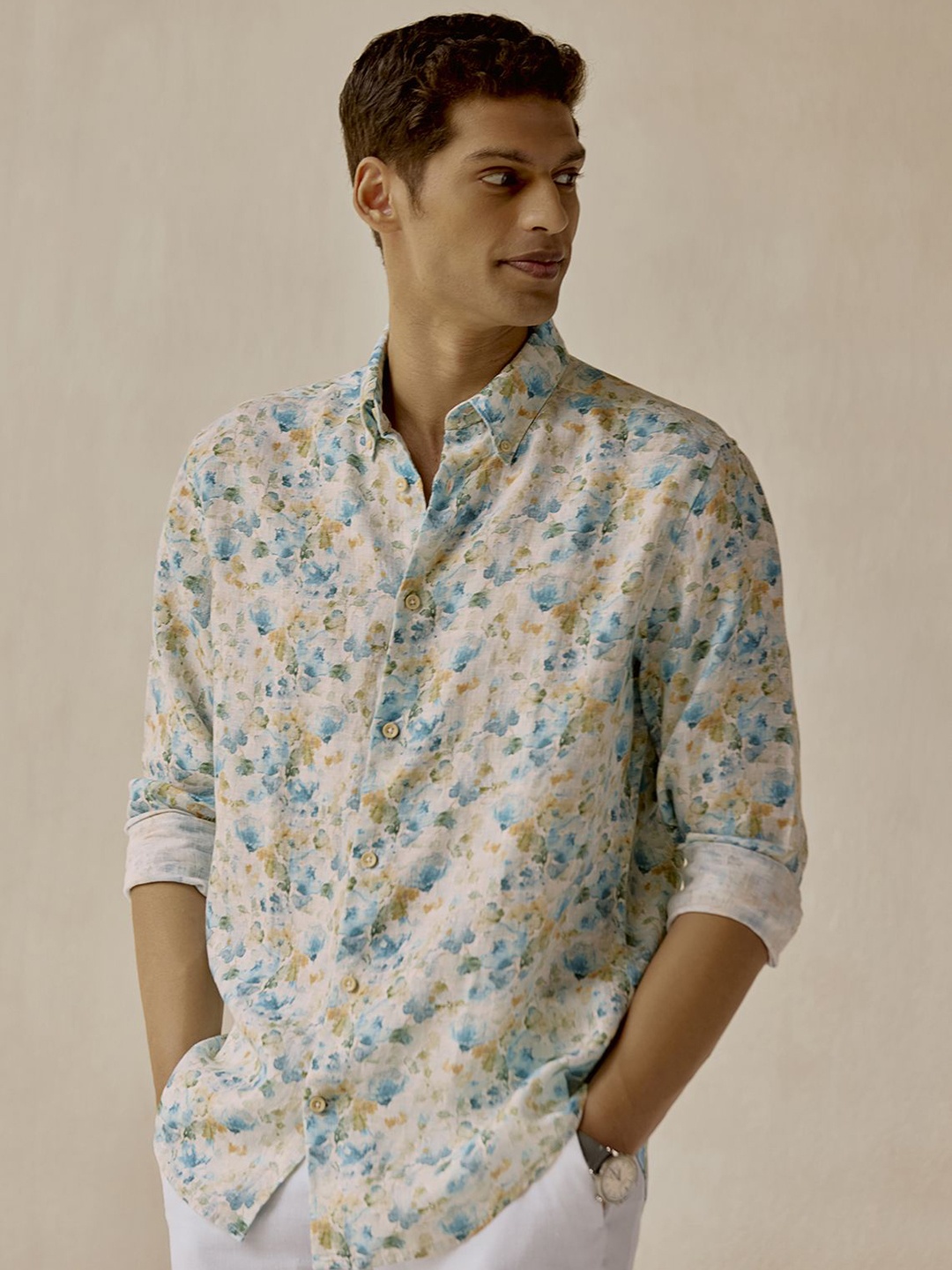 

Andamen Men Casual Linen Print Regular Fit Shirt, Blue