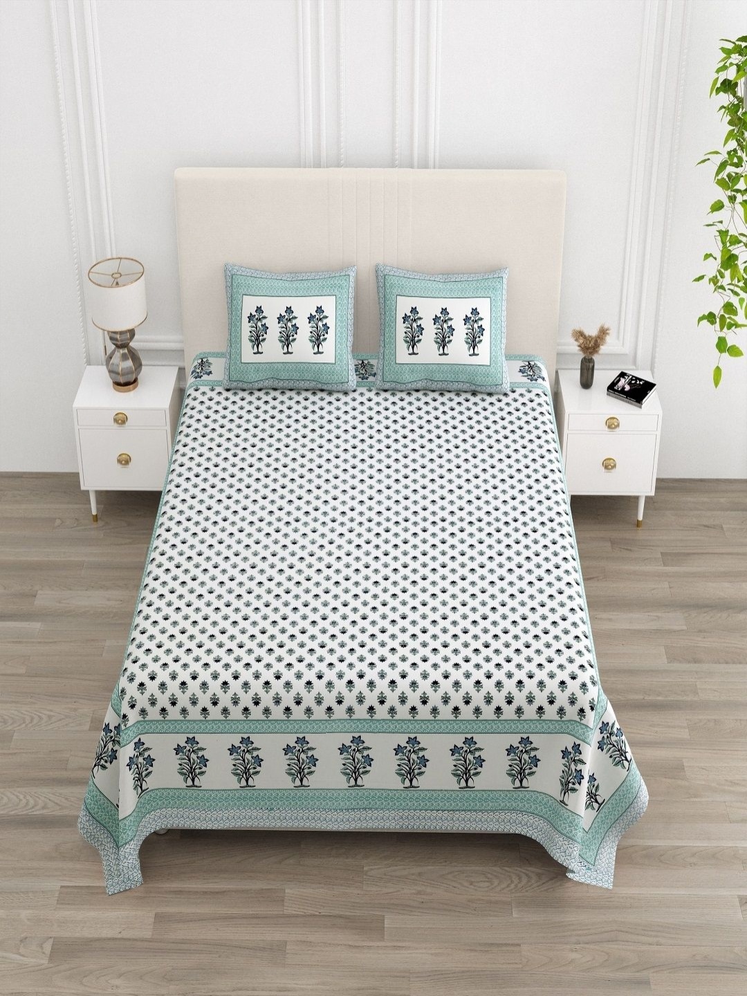 

tundwal's White & Blue Floral Printed 210 TC Cotton King Bedsheet Set 2.2 m x 2.74 m
