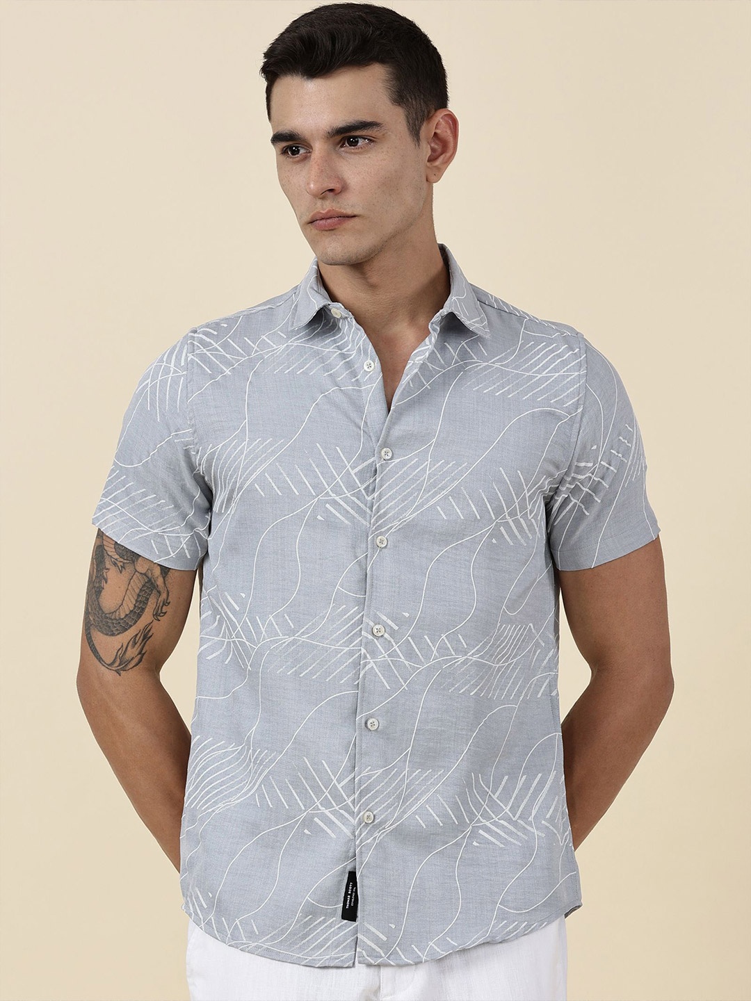 

Thomas Scott Men Classic Slim Fit Opaque Printed Casual Shirt, Grey