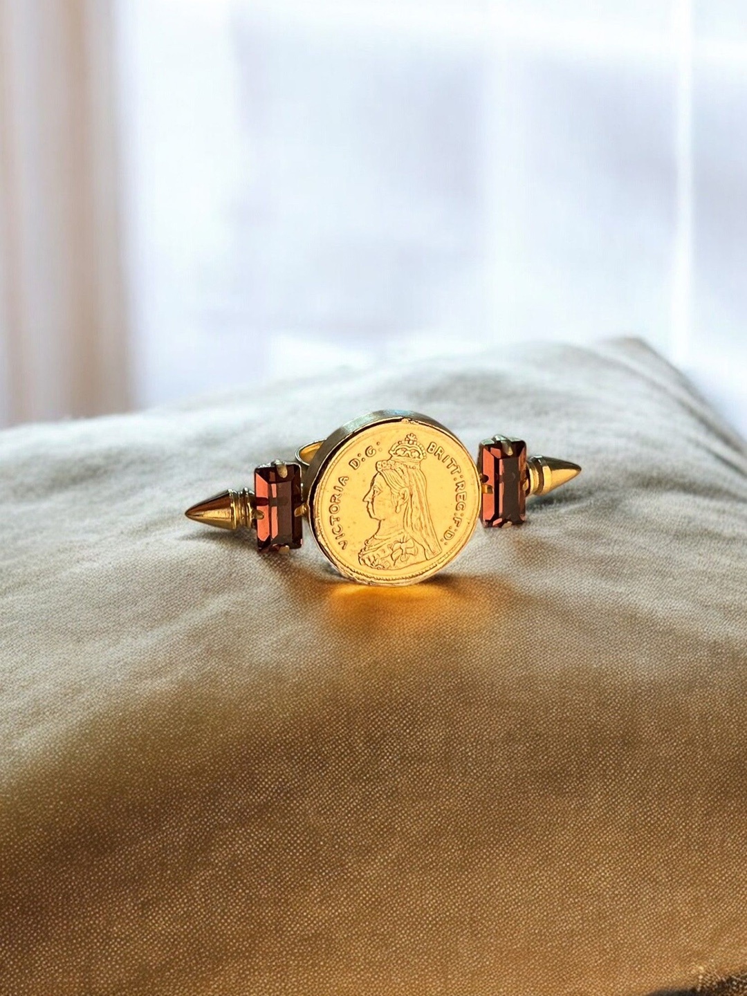 

VOGUE BY RITU Stone Studded Golden Coin Finger Ring, Gold