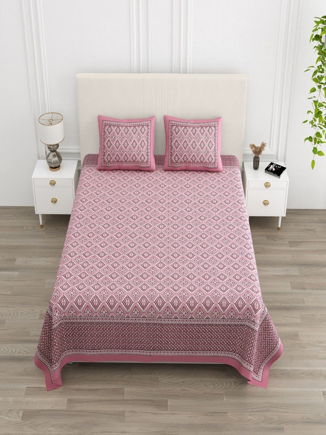 

tundwal's Pink Floral Printed 210 TC Cotton King Bedsheet Set 2.2 m x 2.74 m