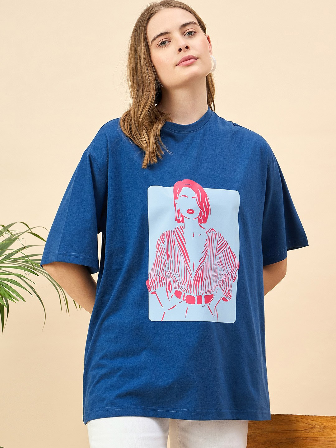 

Mast & Harbour Women Printed Drop-Shoulder Sleeves T-shirt, Turquoise blue