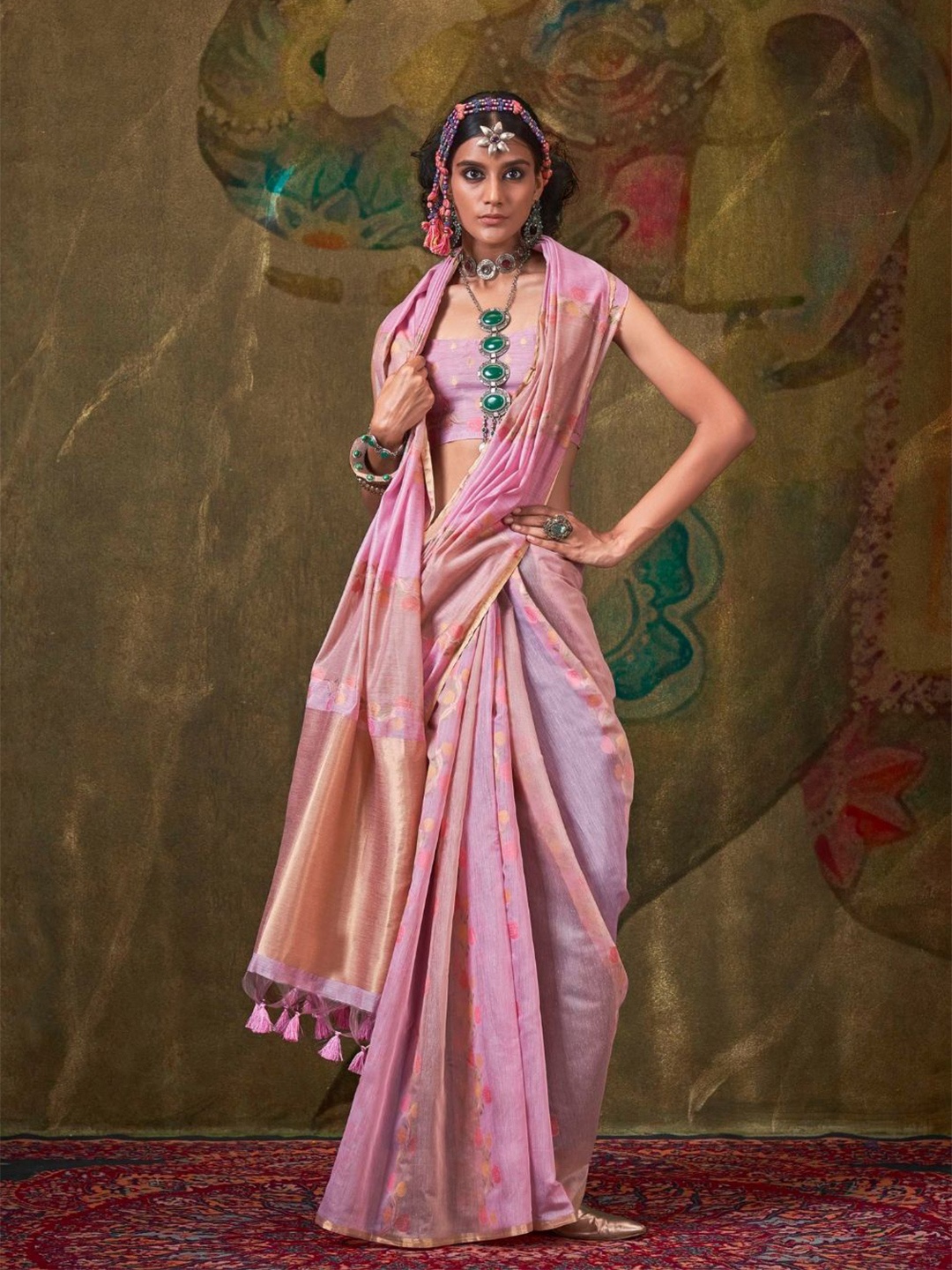 

BLENDIFY Woven Design Silk Blend Banarasi Saree, Pink