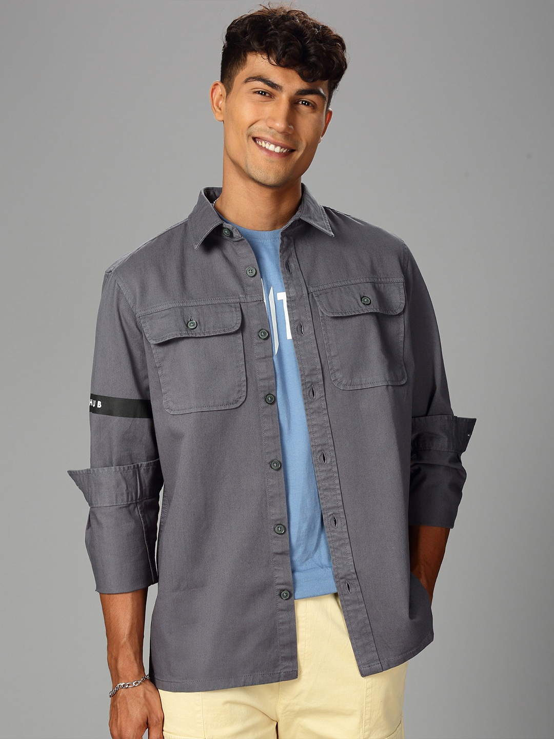 

British Club Men Comfort Opaque Casual Shirt, Grey