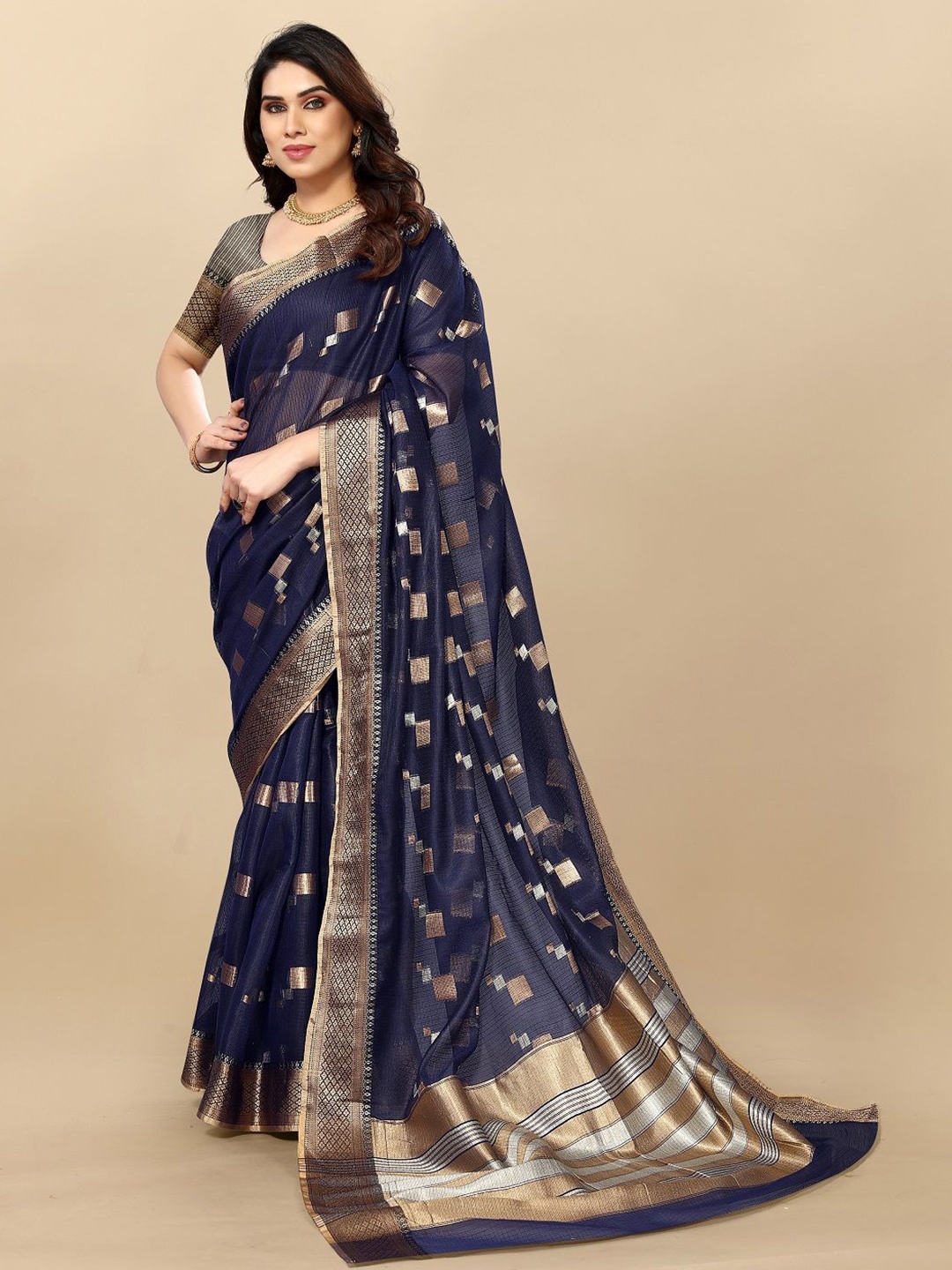 

Moda Rapido Woven Design Zari Designer Kota Saree, Navy blue