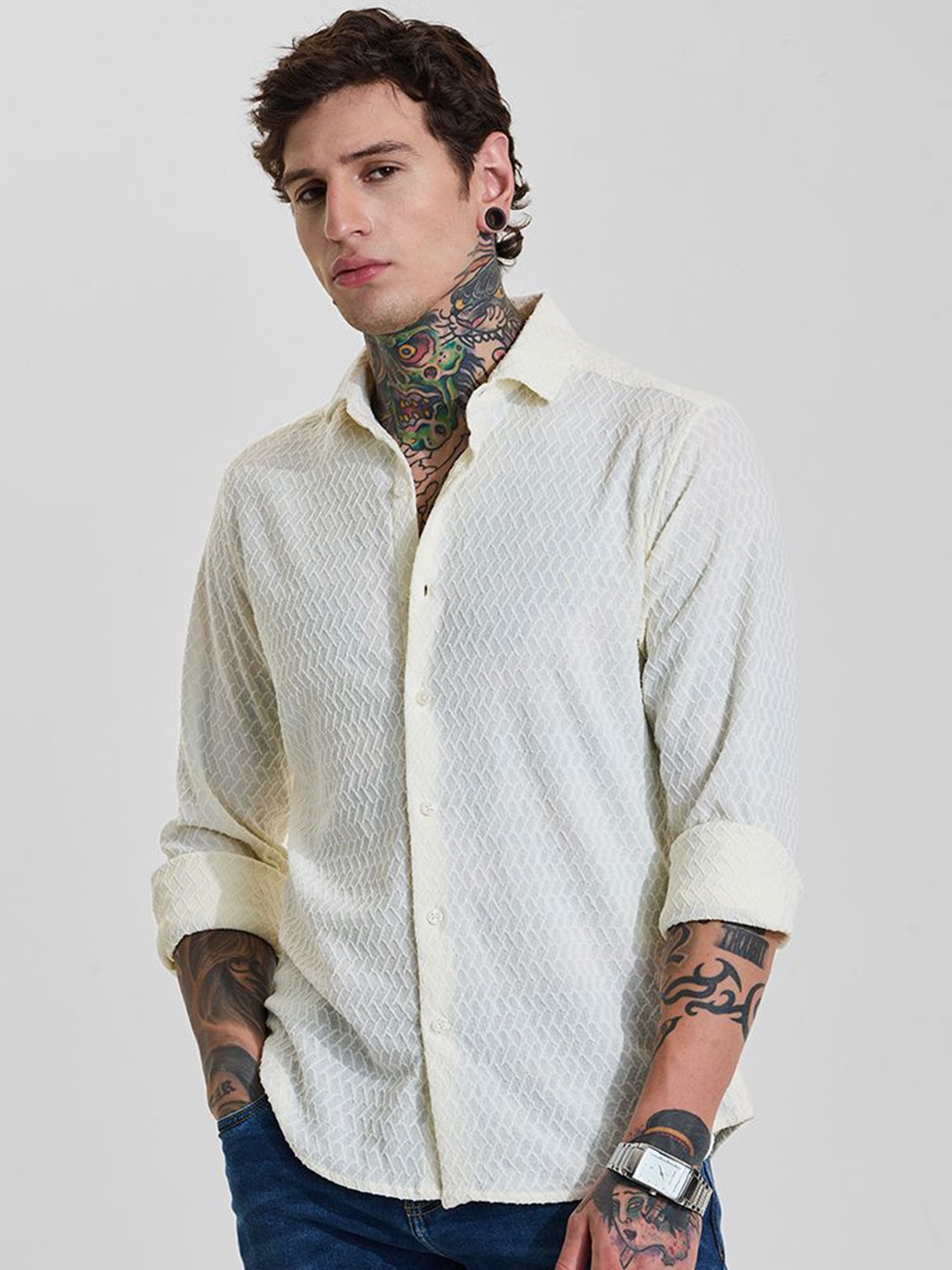 

Snitch Men Slim Fit Opaque Casual Shirt, Cream