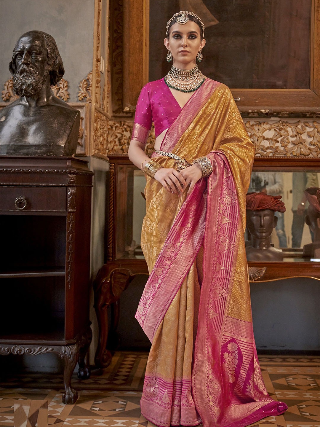 

MAHALASA Ethnic Motifs Pure Silk Handloom Kanjeevaram Saree, Mustard