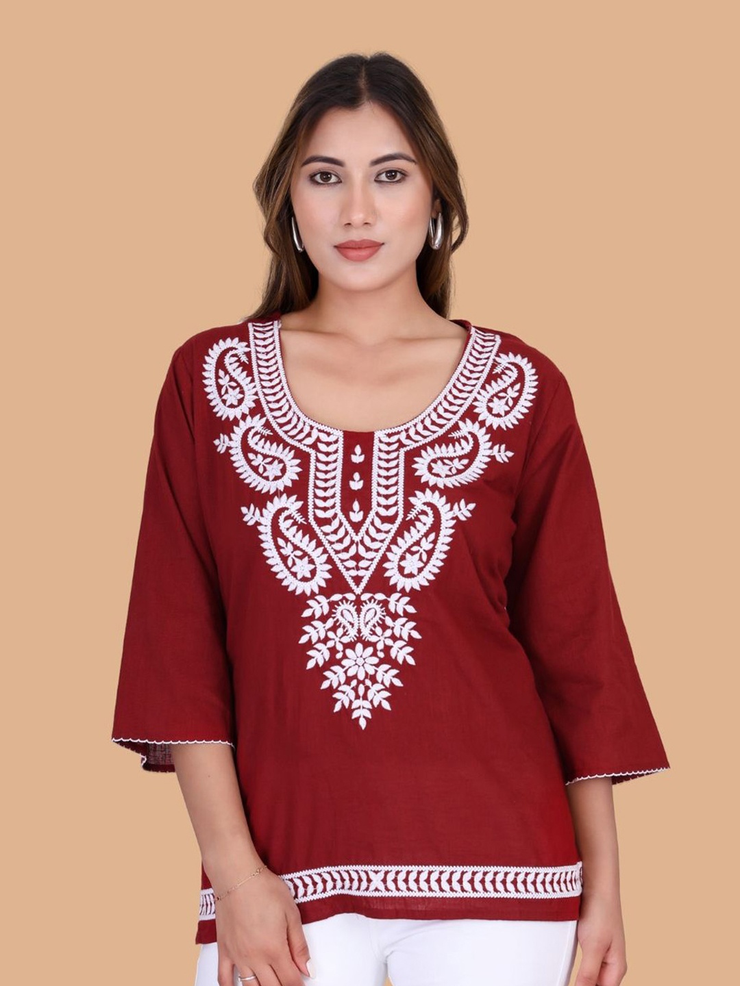 

Moda Rapido Floral Embroidered Flared Sleeves Thread Work Pure Cotton Thread Work Kurti, Maroon