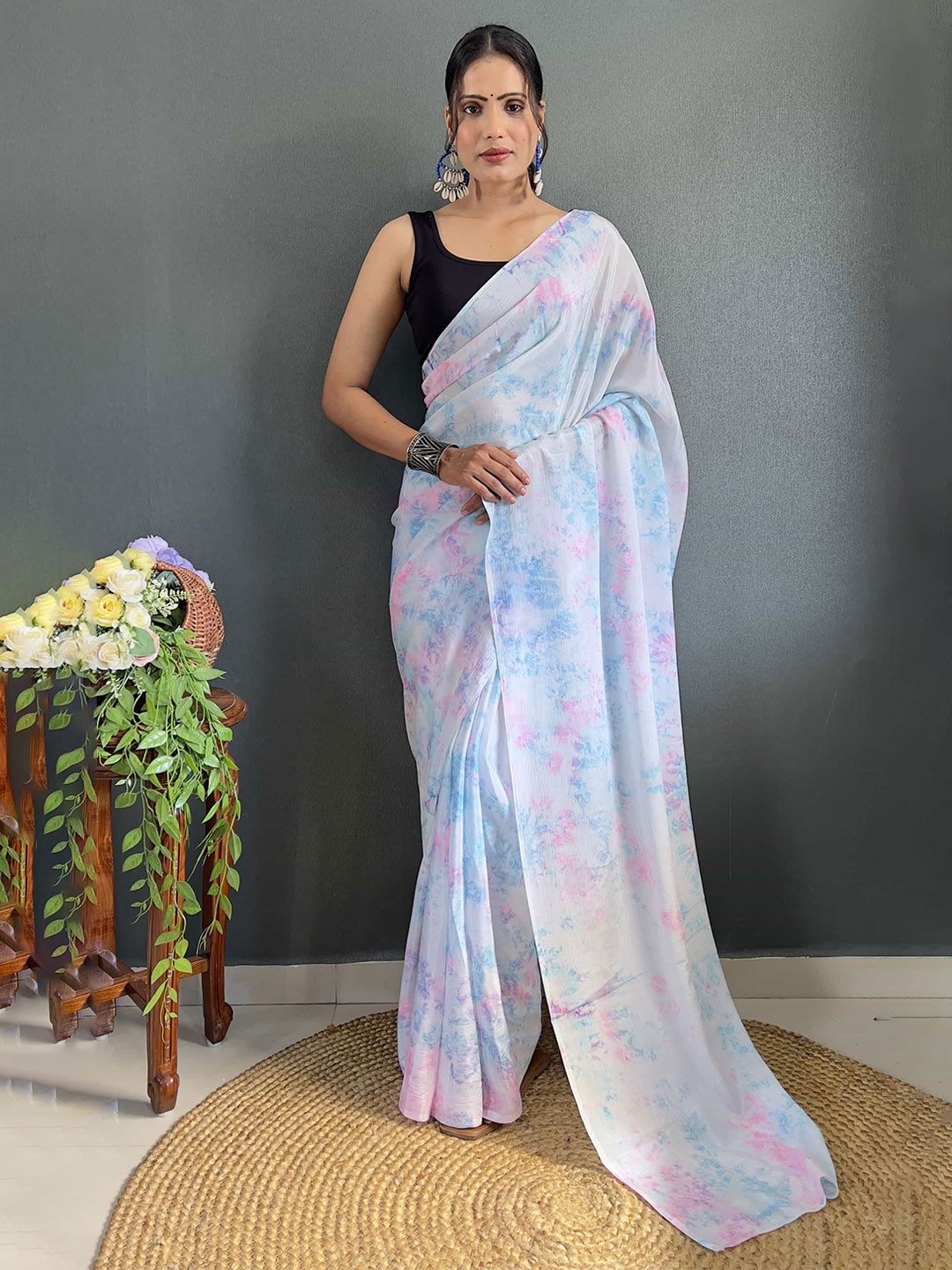 

HERE&NOW Pure Chiffon Ready to Wear Saree, Blue
