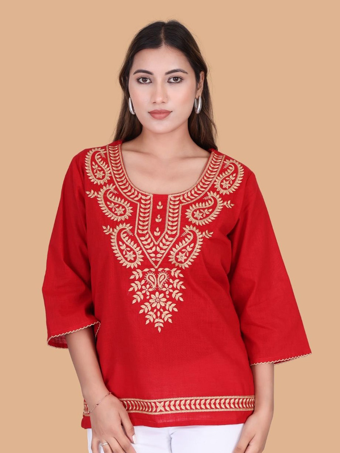 

Moda Rapido Floral Embroidered Flared Sleeves Pure Cotton Kurti, Red