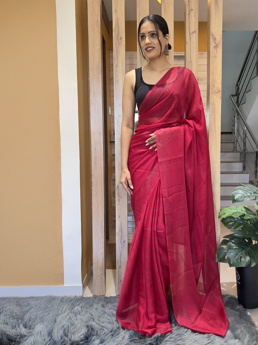 

HERE&NOW Pure Chiffon Jamdani Saree, Red