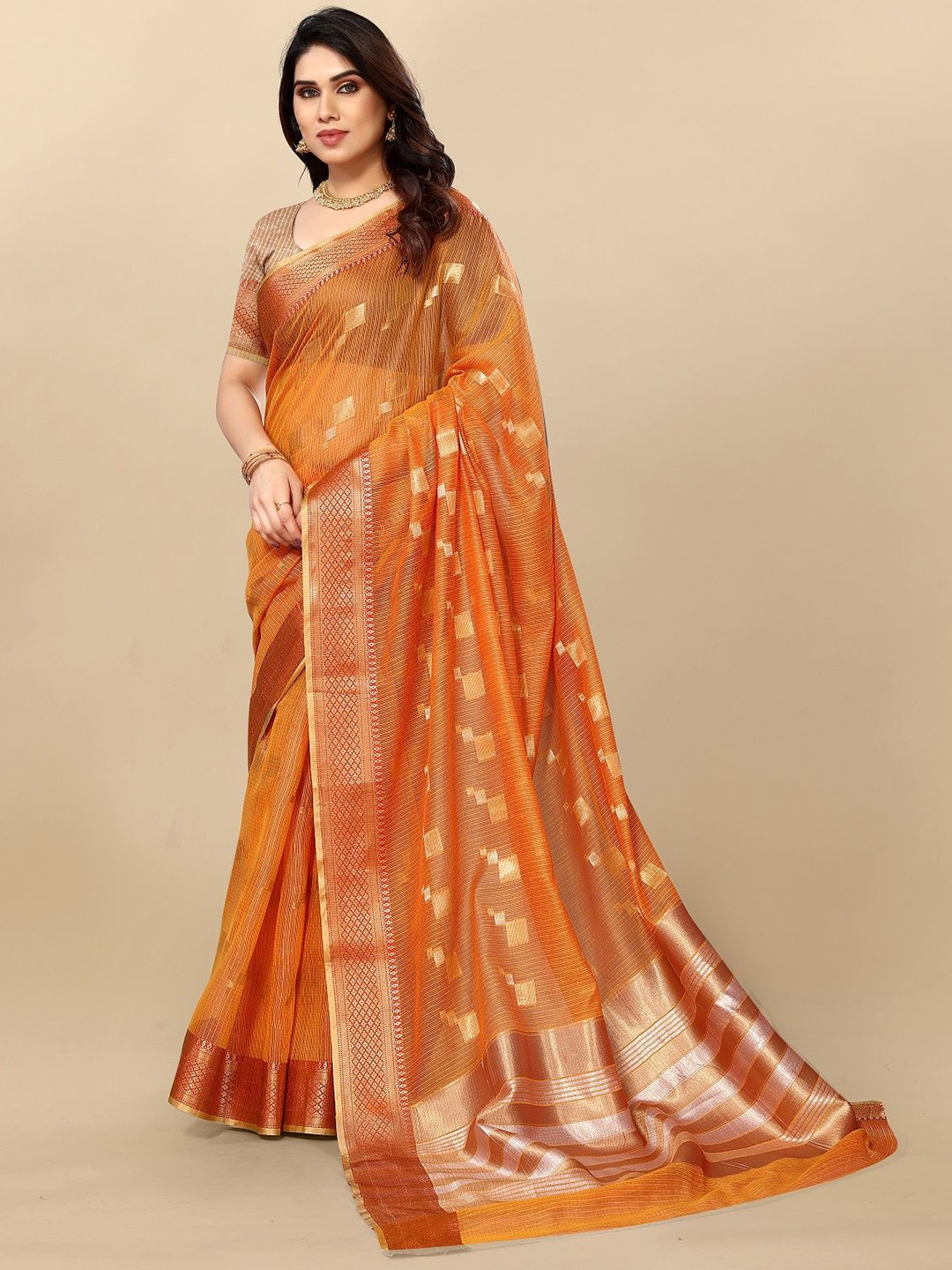

Moda Rapido Woven Design Zari Designer Kota Saree, Orange