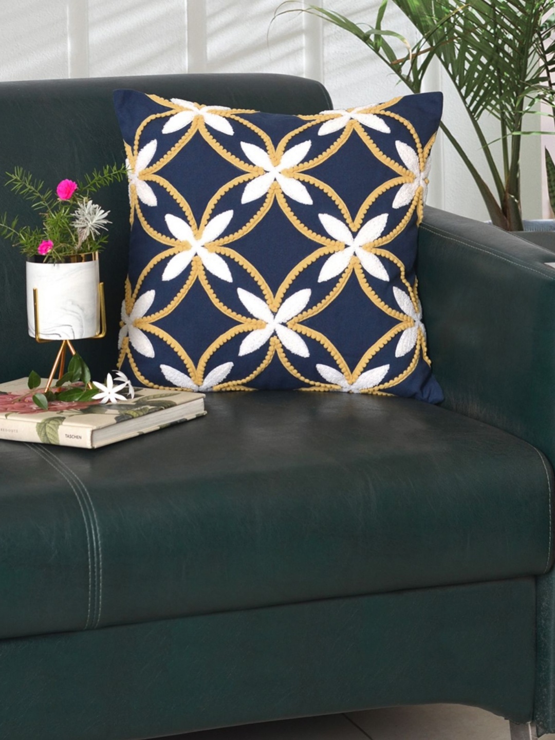 

Ode & Cleo Blue & Cream-Coloured Embroidered Square Cushion Covers