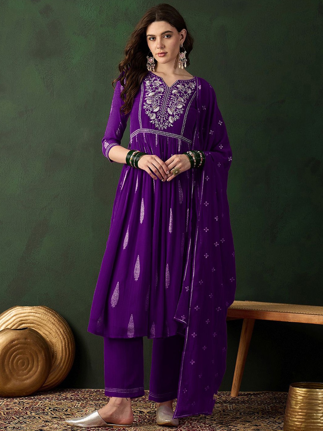 

Sangria Zari Sequence Embroidered Naira Cut Kurta With Trousers & Dupatta, Purple
