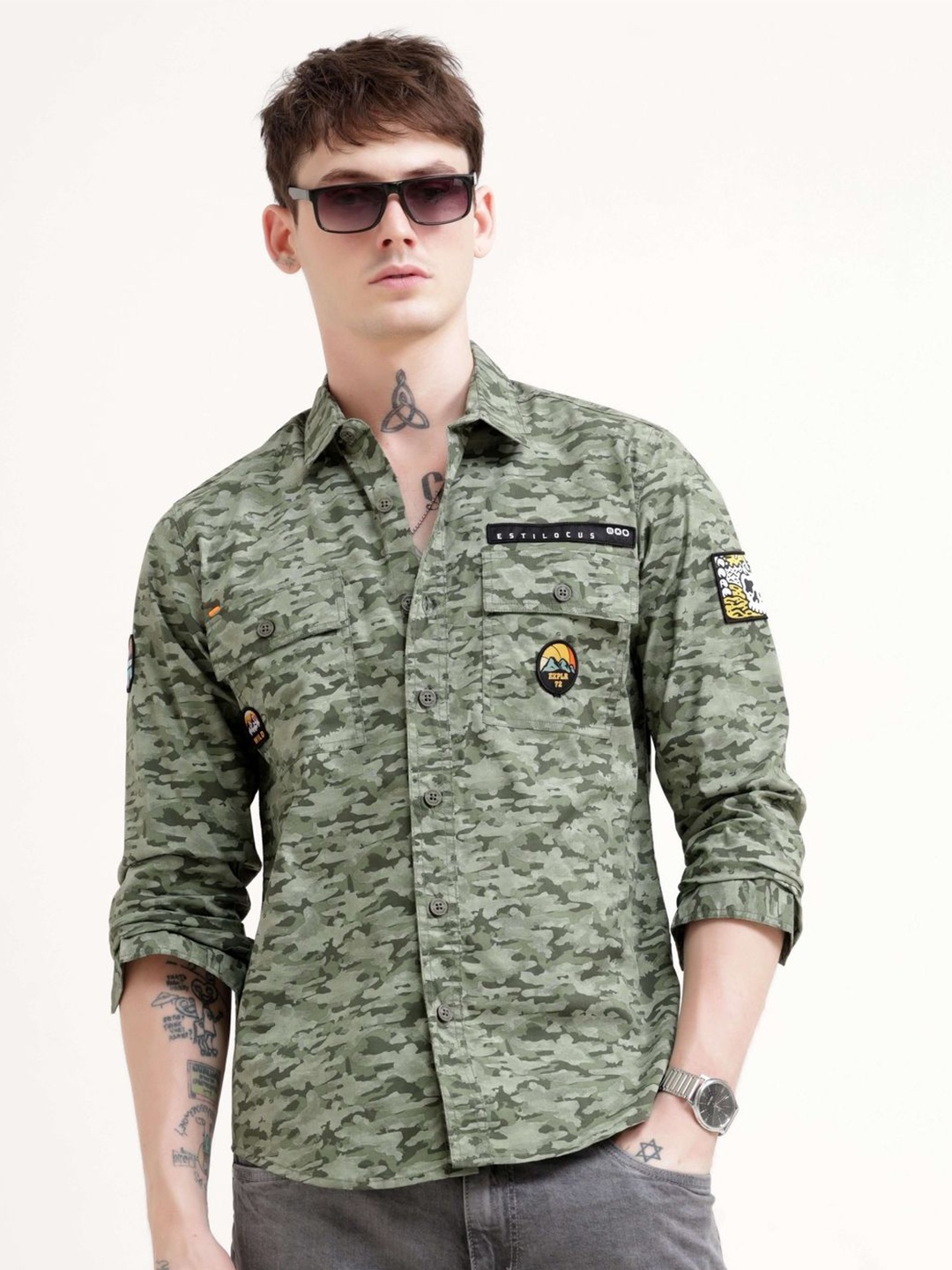 

Estilocus Men Standard Opaque Checked Casual Shirt, Olive