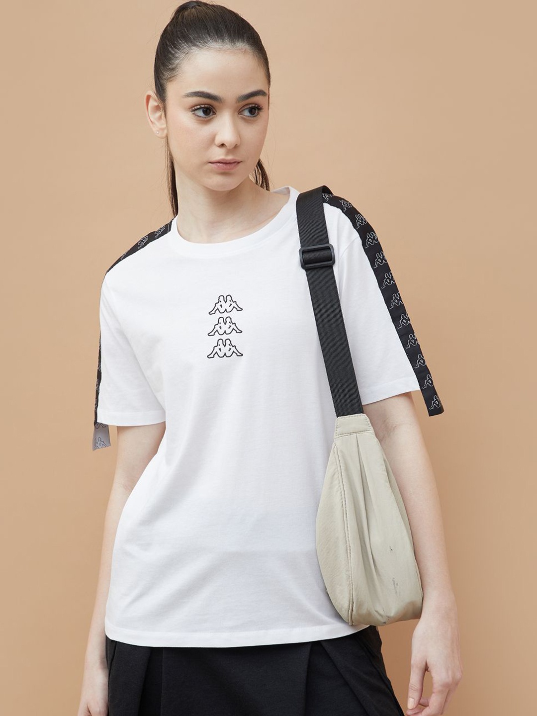 

Kappa Women Printed Drop-Shoulder Sleeves Pockets T-shirt, White