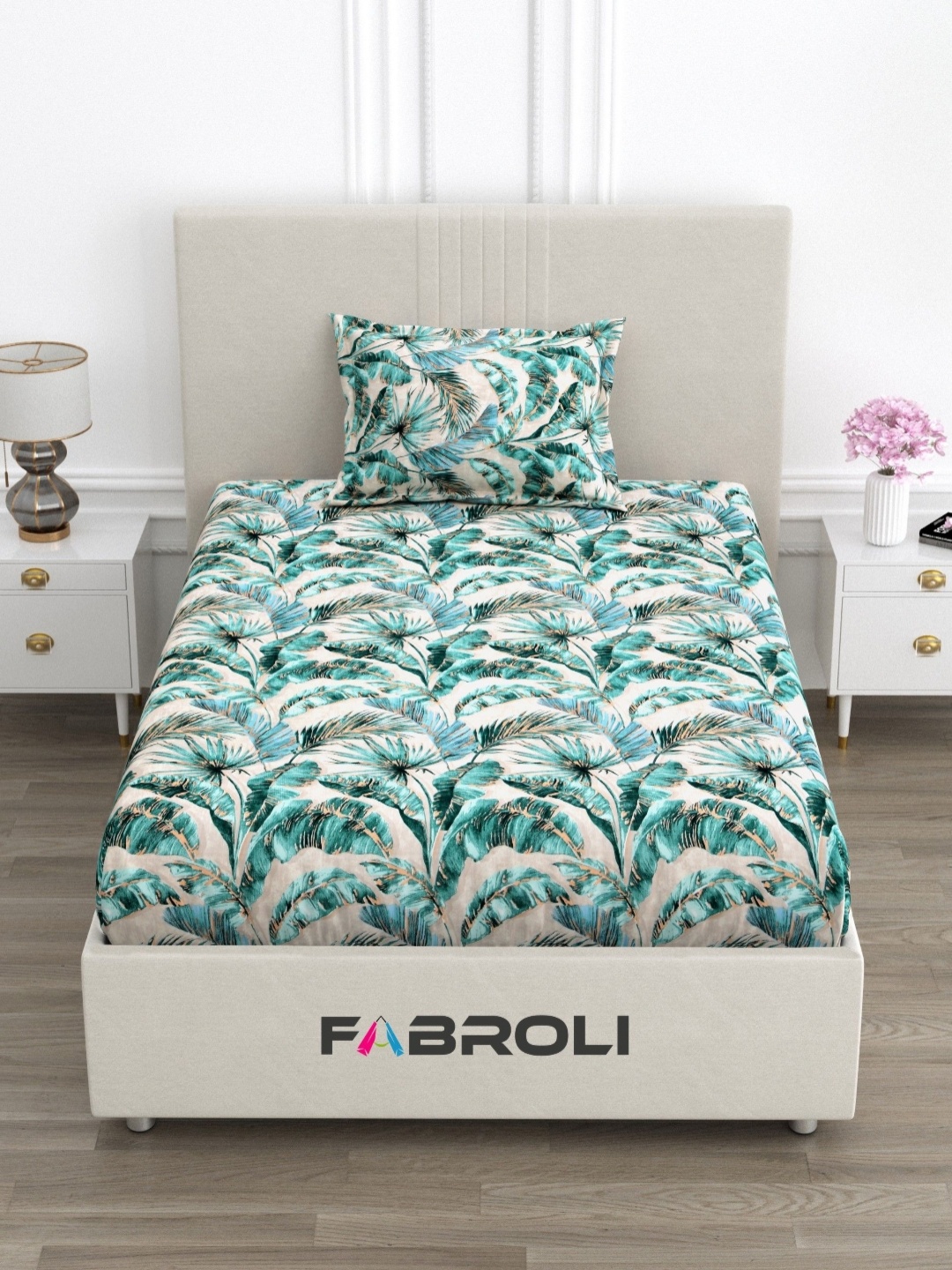 

FABROLI Green Floral 300 TC Single Bedsheet with 1 Pillow Covers