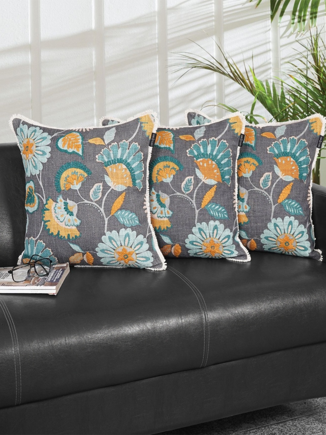 

Ode & Cleo Grey & Yellow Set of 3 Embroidered Square Cushion Covers