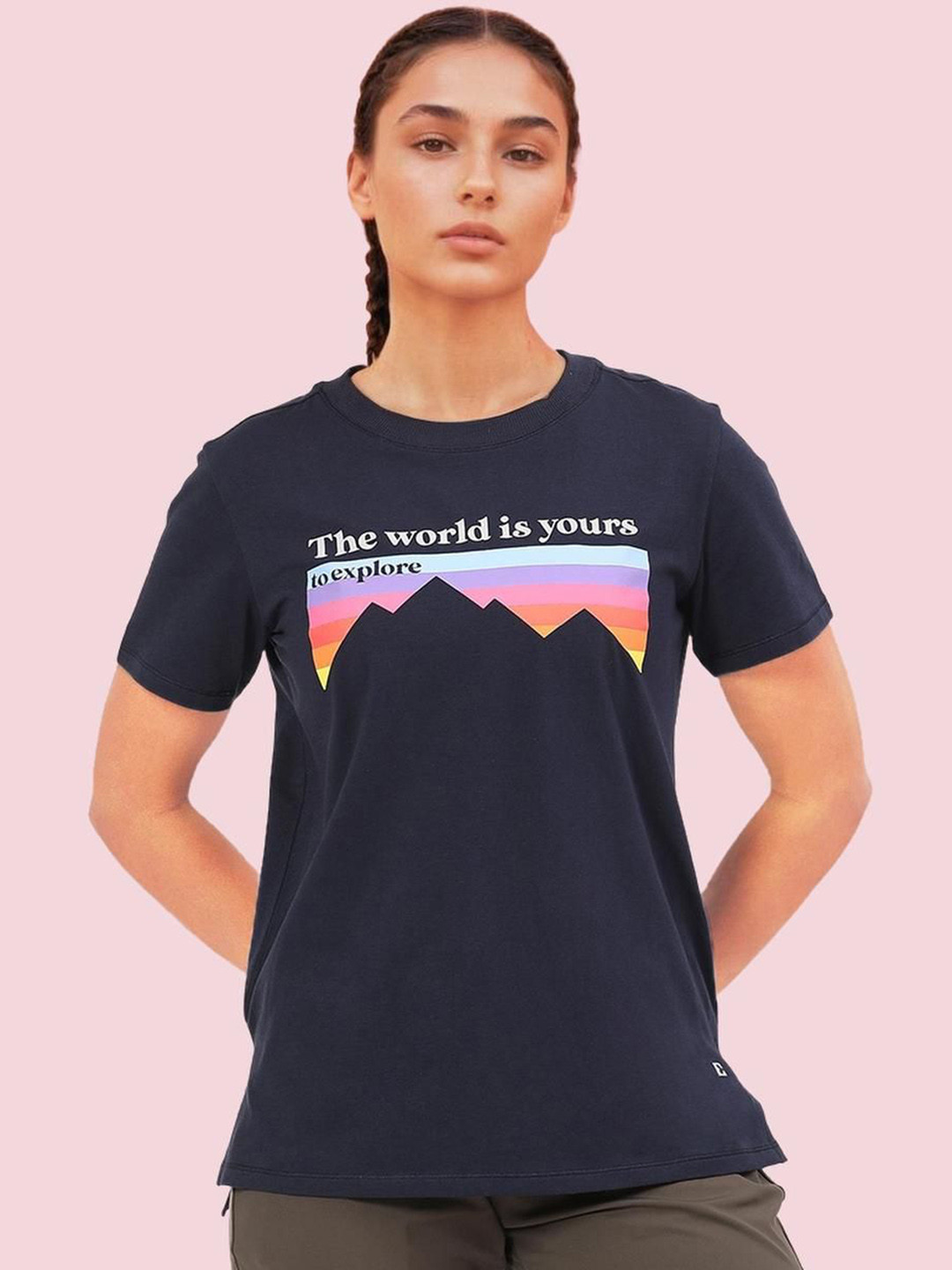 

Enamor Women Printed Extended Sleeves Antimicrobial Applique T-shirt, Navy blue