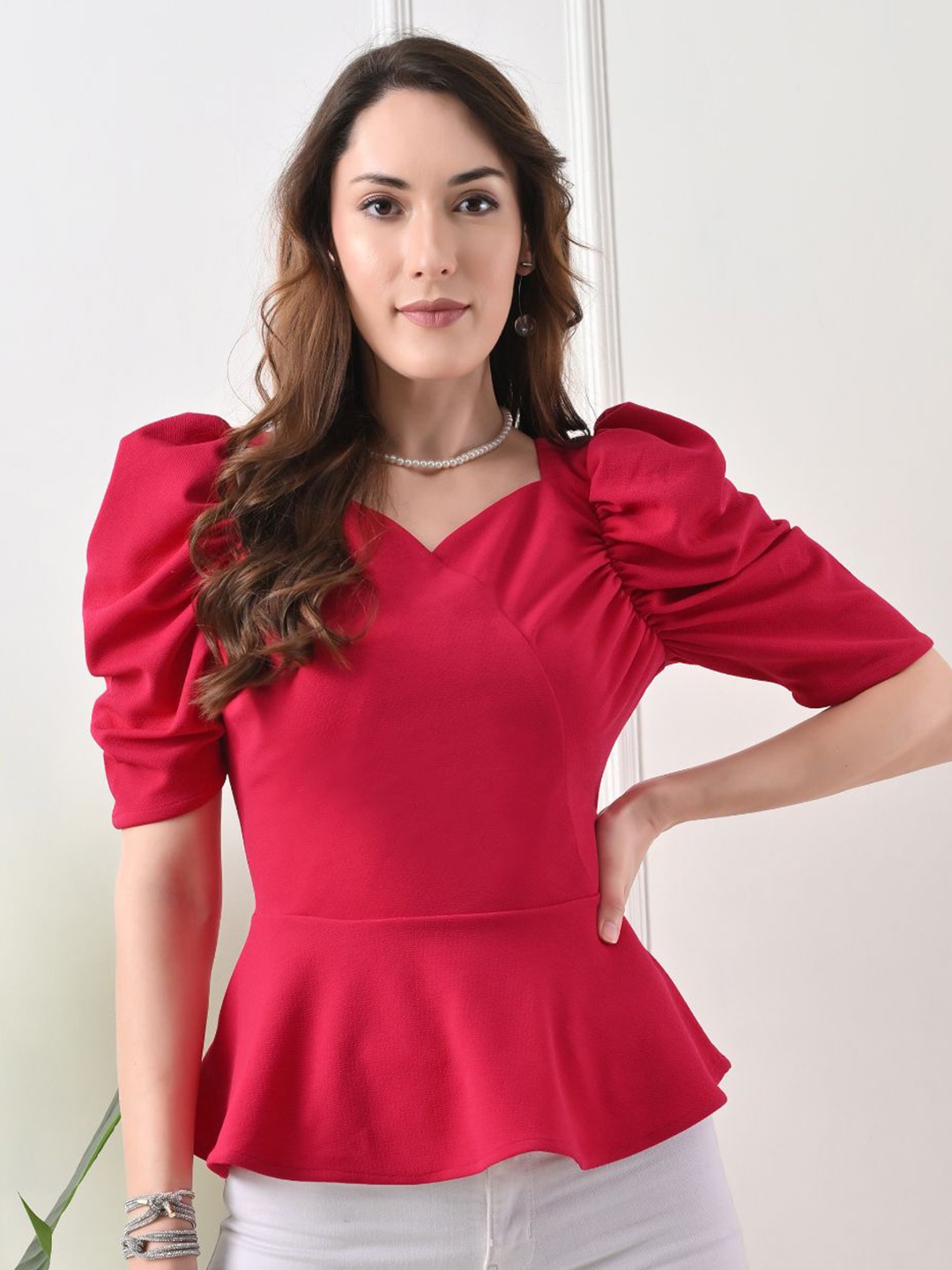 

IUGA Sweetheart Neck Puff Sleeve Peplum Top, Pink